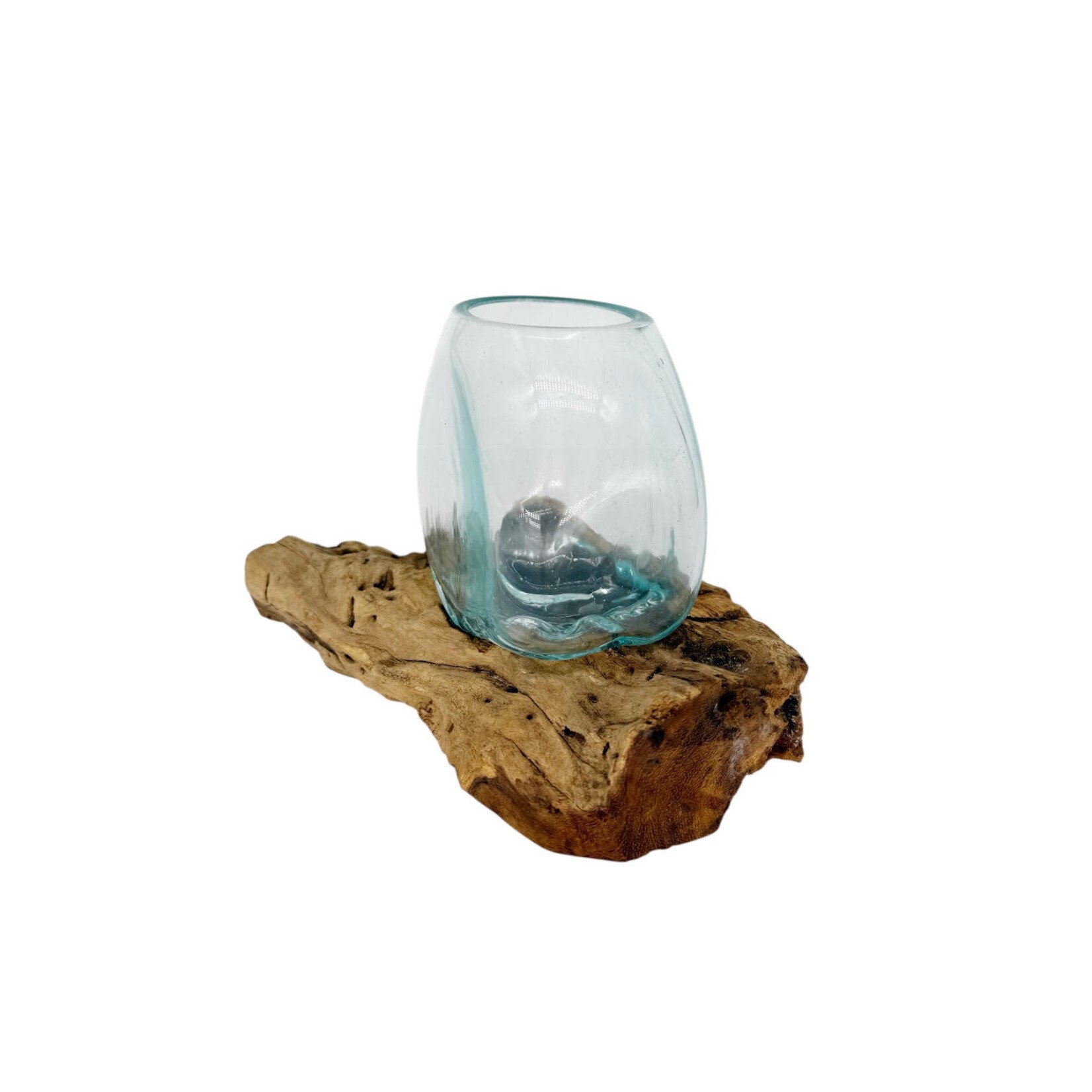 10cm x 6cm ST17 Hand Made Recycled Glass and Teak Wood Vase