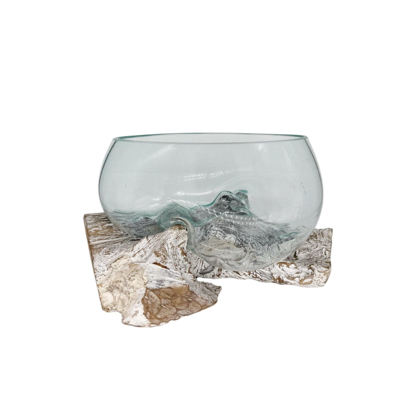 30cm ST18 Hand Made Recycled Glass and Whitewash Teak Wood Bowl