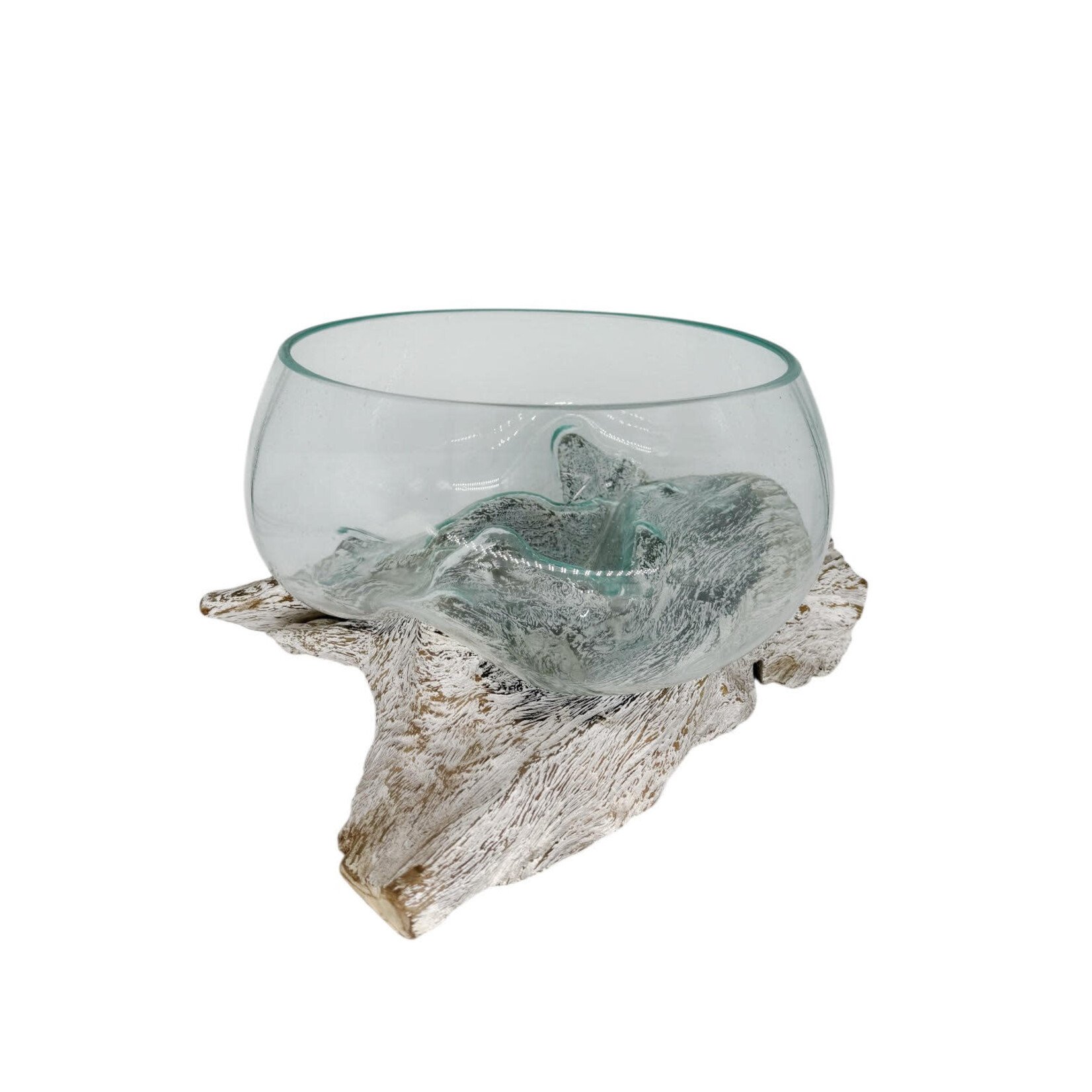 30cm ST18 Hand Made Recycled Glass and Whitewash Teak Wood Bowl