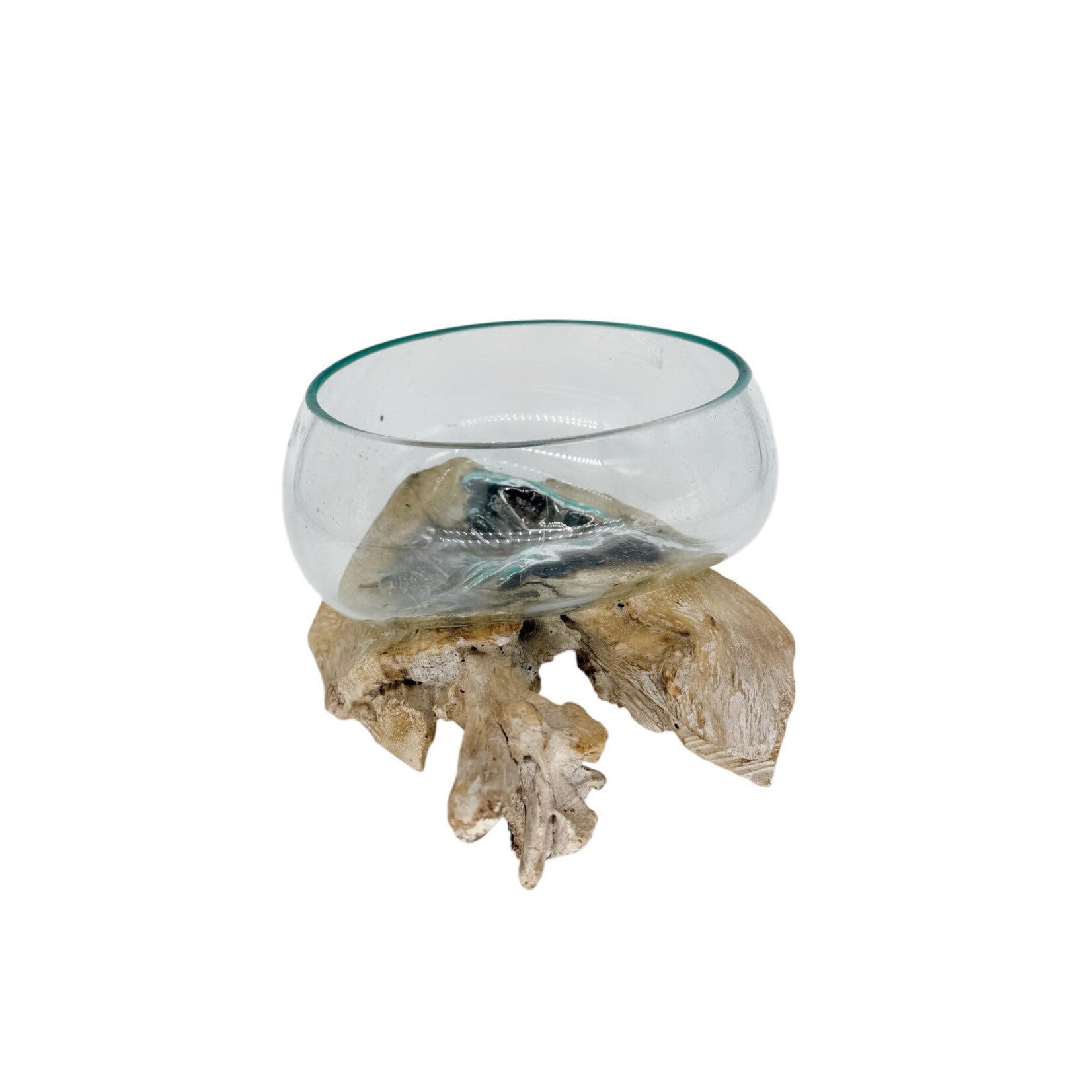 20cm ST19 Hand Made Recycled Glass and Whitewash Teak Wood Bowl