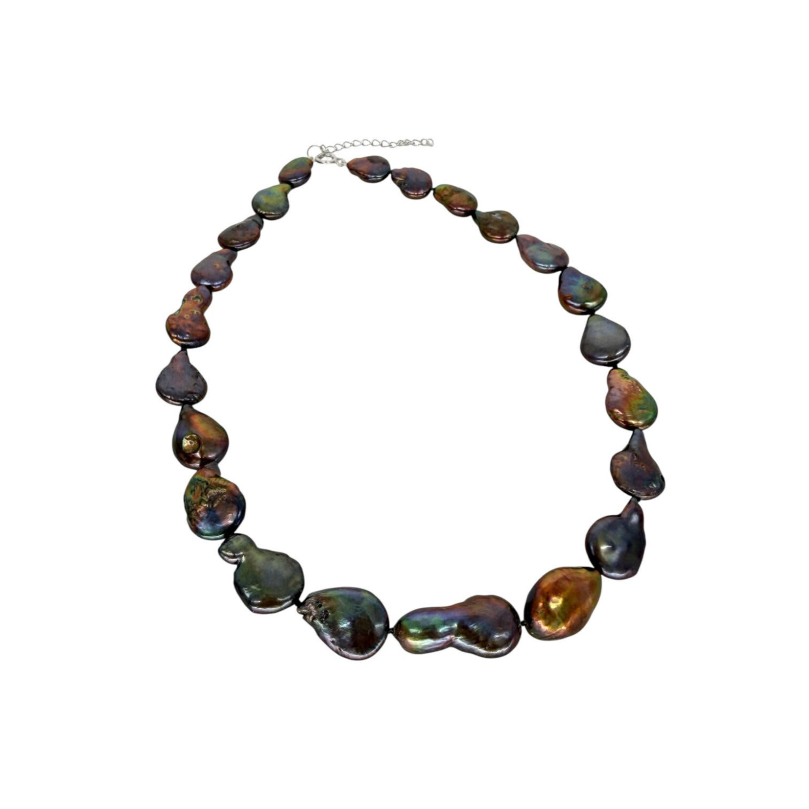 18-20" 13-14mm Peacock Coin Pearl Necklace Sterling Silver Spring Ring Clasp