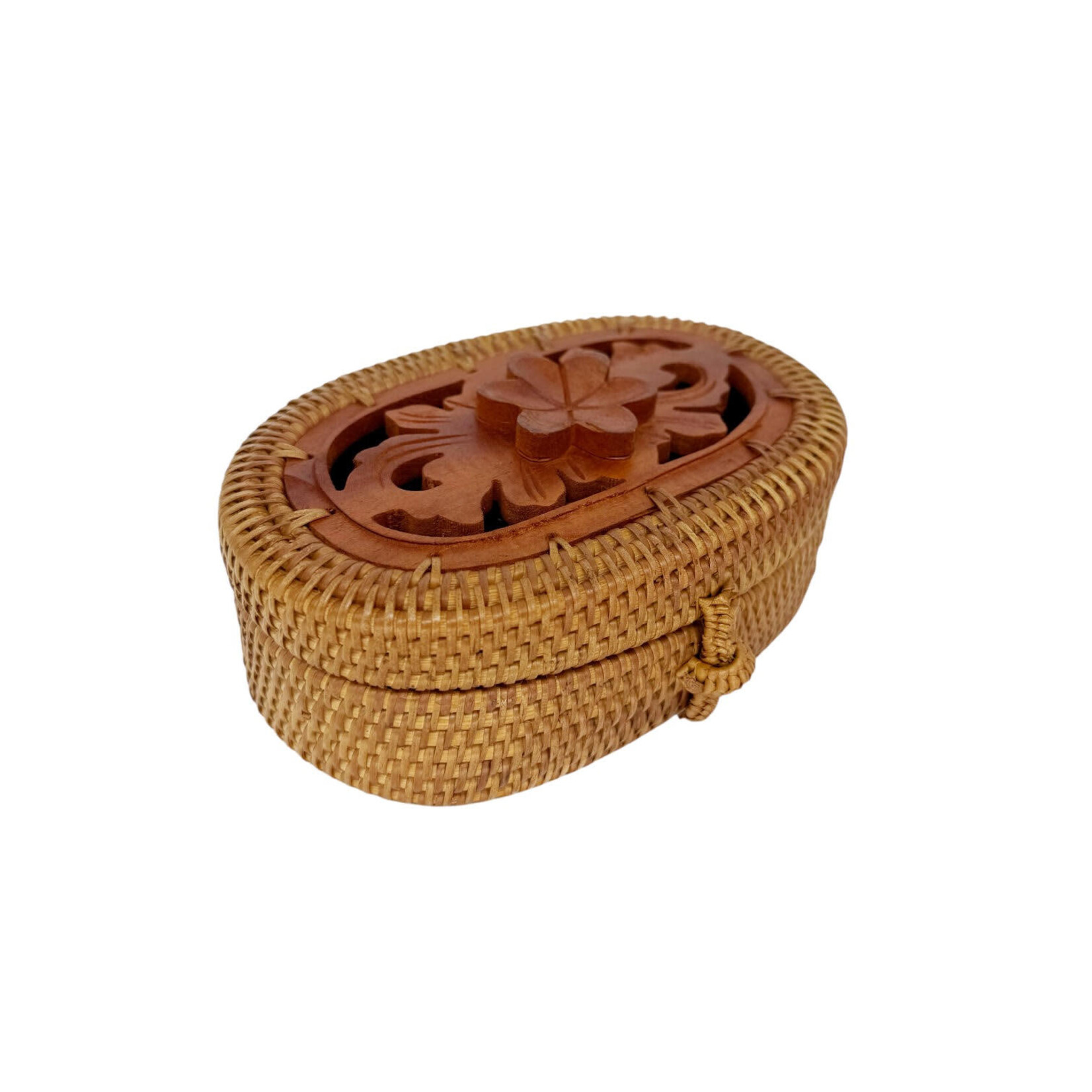 Hand Woven Ata Basket #139 Carved Flower Top Oval Box