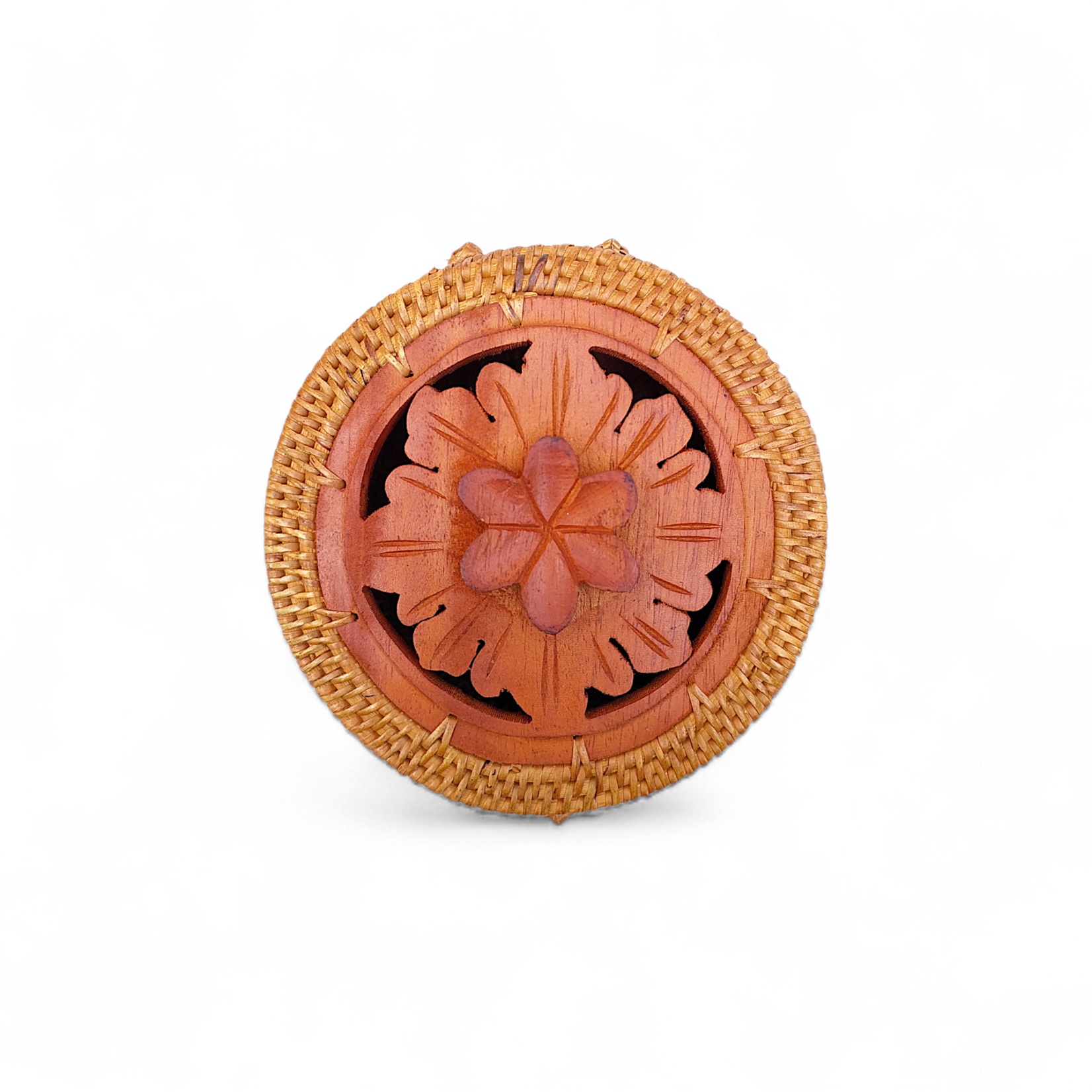 Hand Woven Ata Basket #141 Carved Flower Top Round Box