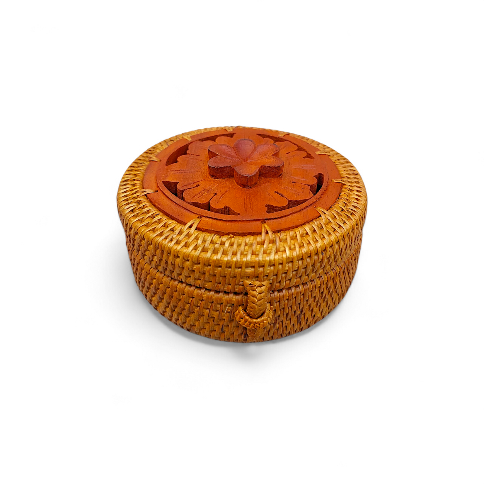 Hand Woven Ata Basket #141 Carved Flower Top Round Box