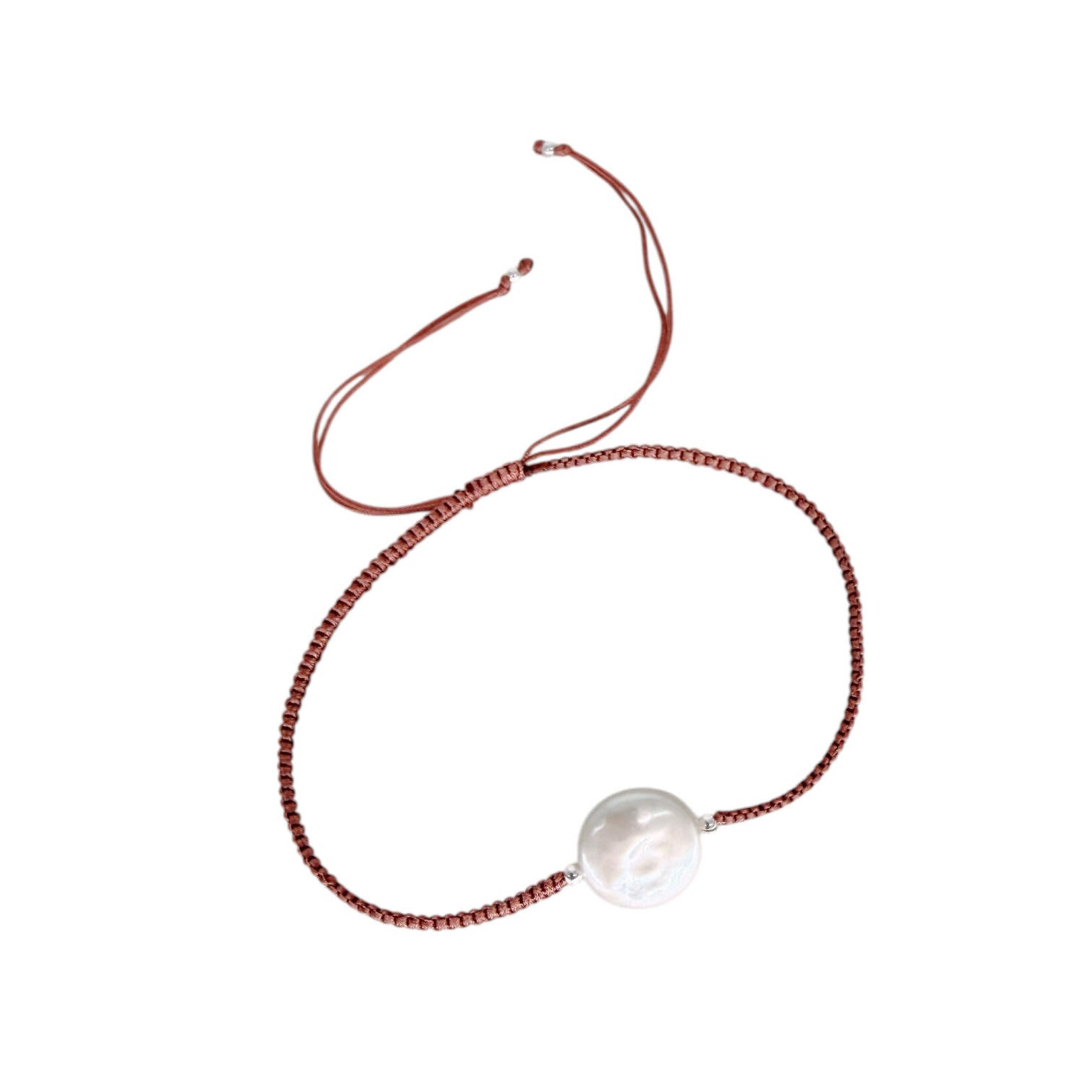 Adjustable String Bracelet with White Coin Pearl Terracotta