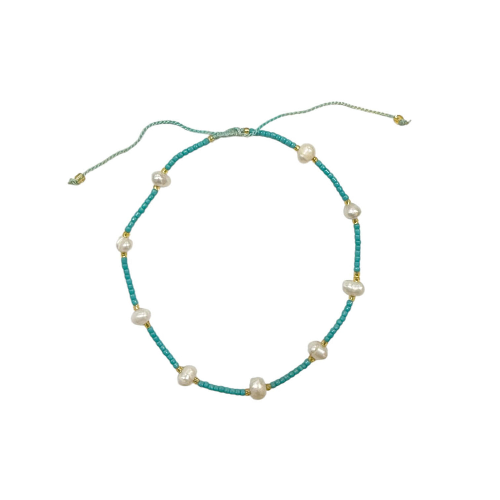 Adjustable String Anklet with Nine 6mm Pearls Turquoise