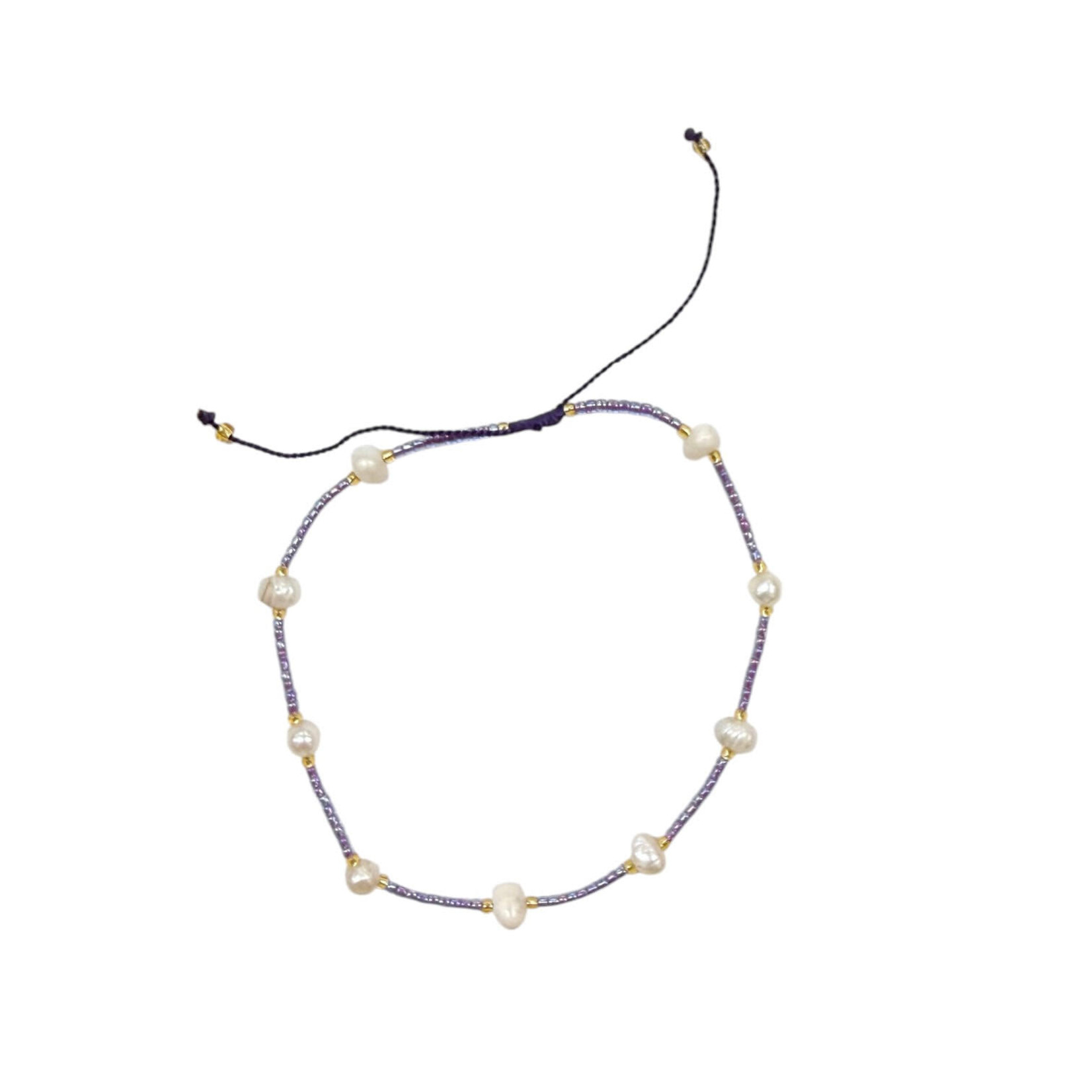 Adjustable String Anklet with Nine 6mm Pearls Purple