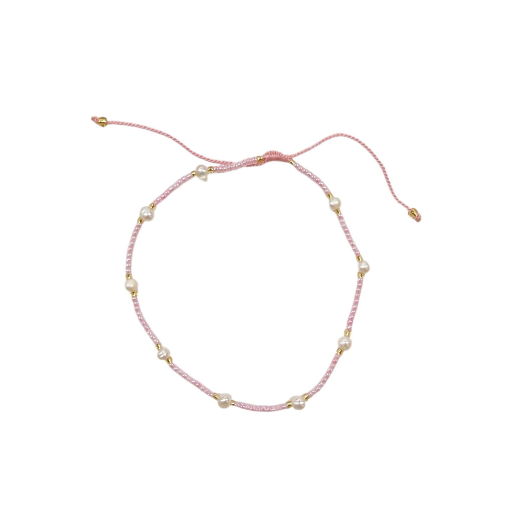 Adjustable String Anklet with Nine 6mm Pearls Pink