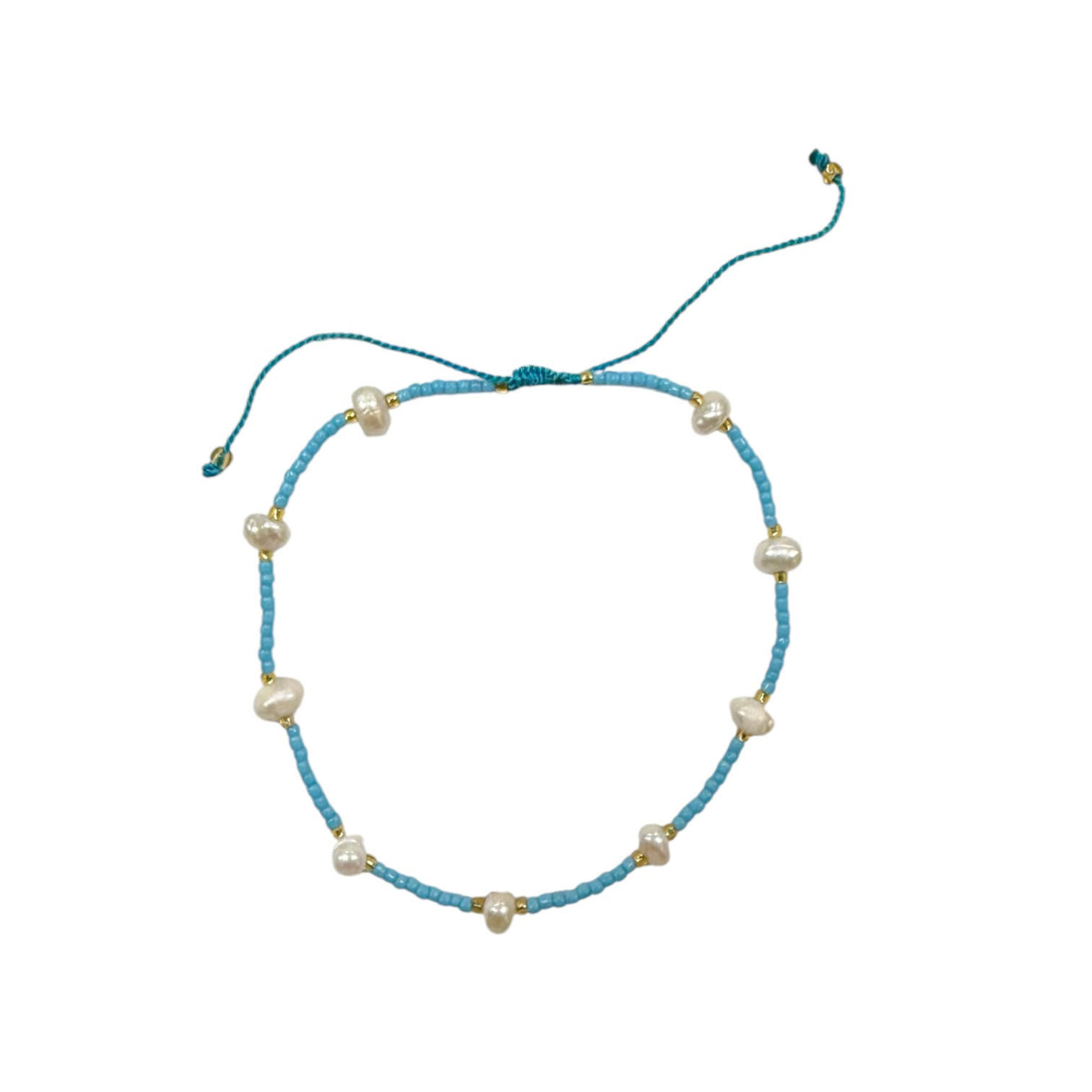 Adjustable String Anklet with Nine 6mm Pearls Blue
