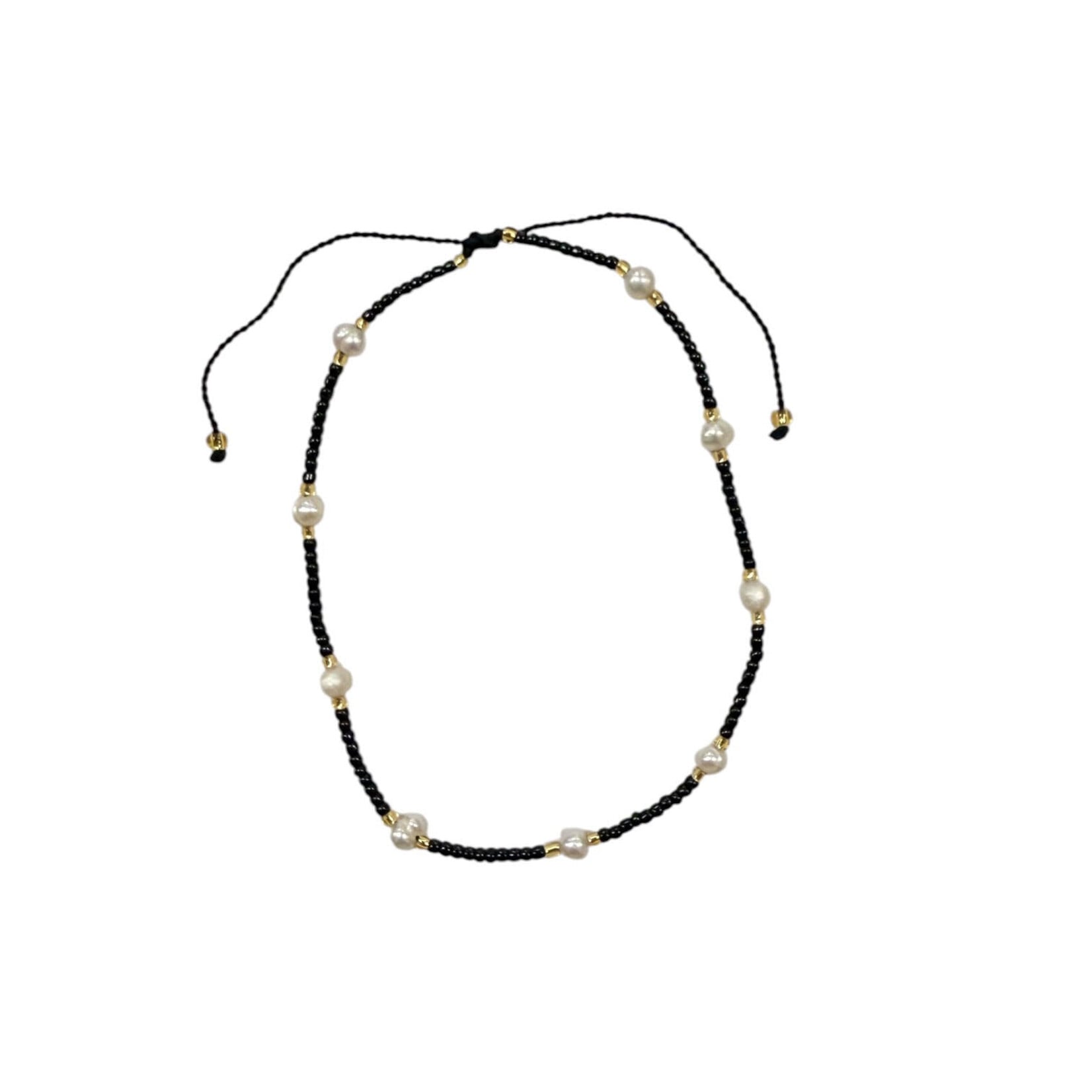 Adjustable String Anklet with Nine 6mm Pearls Black