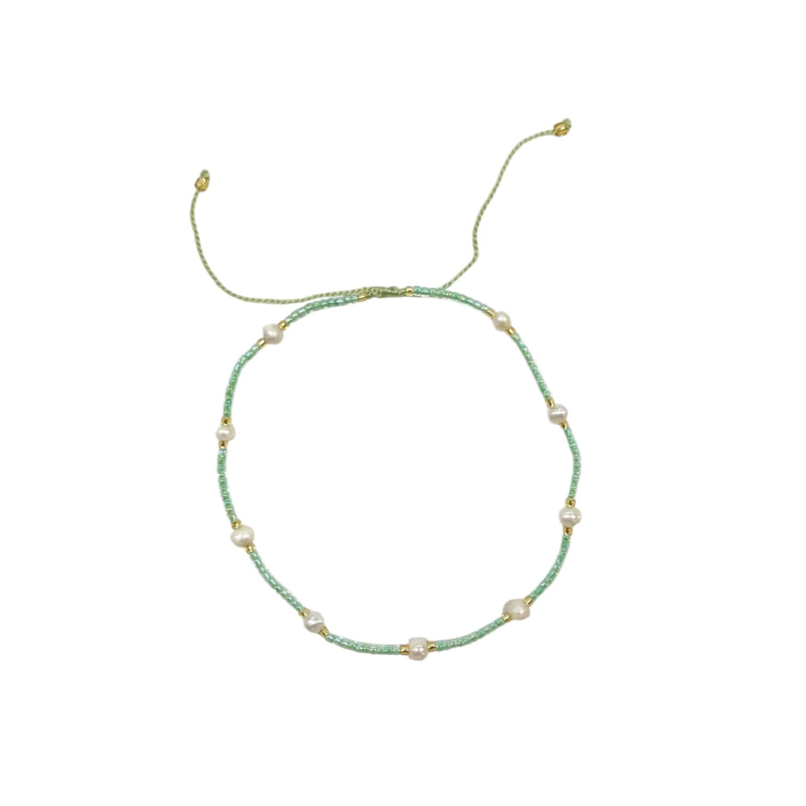Adjustable String Anklet with Nine 6mm Pearls Green