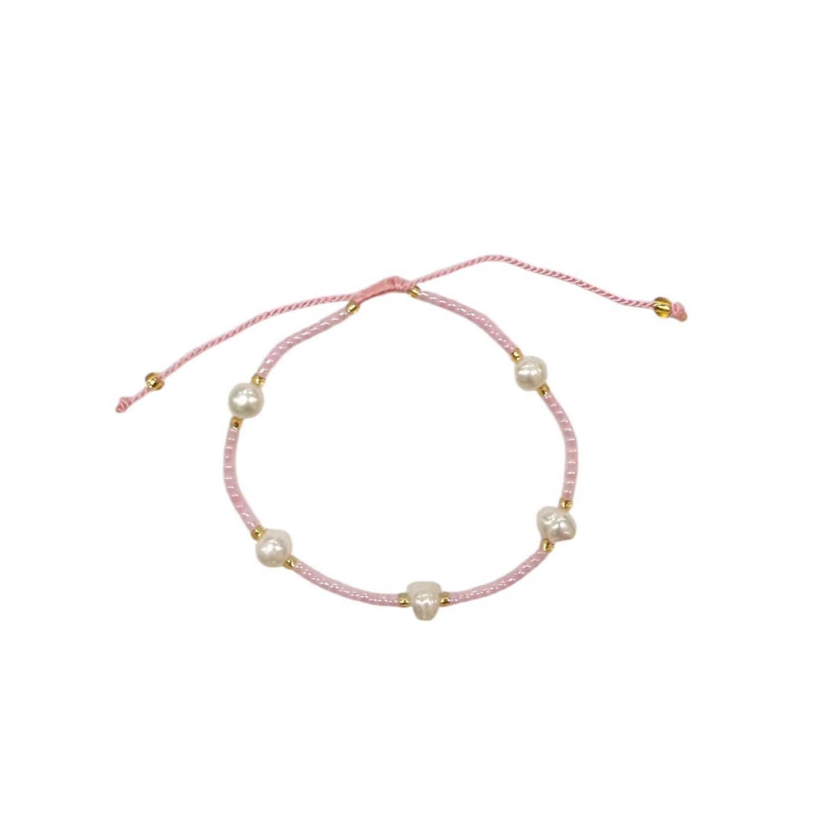 Adjustable String Bracelet with Five 6mm Pearls Pink