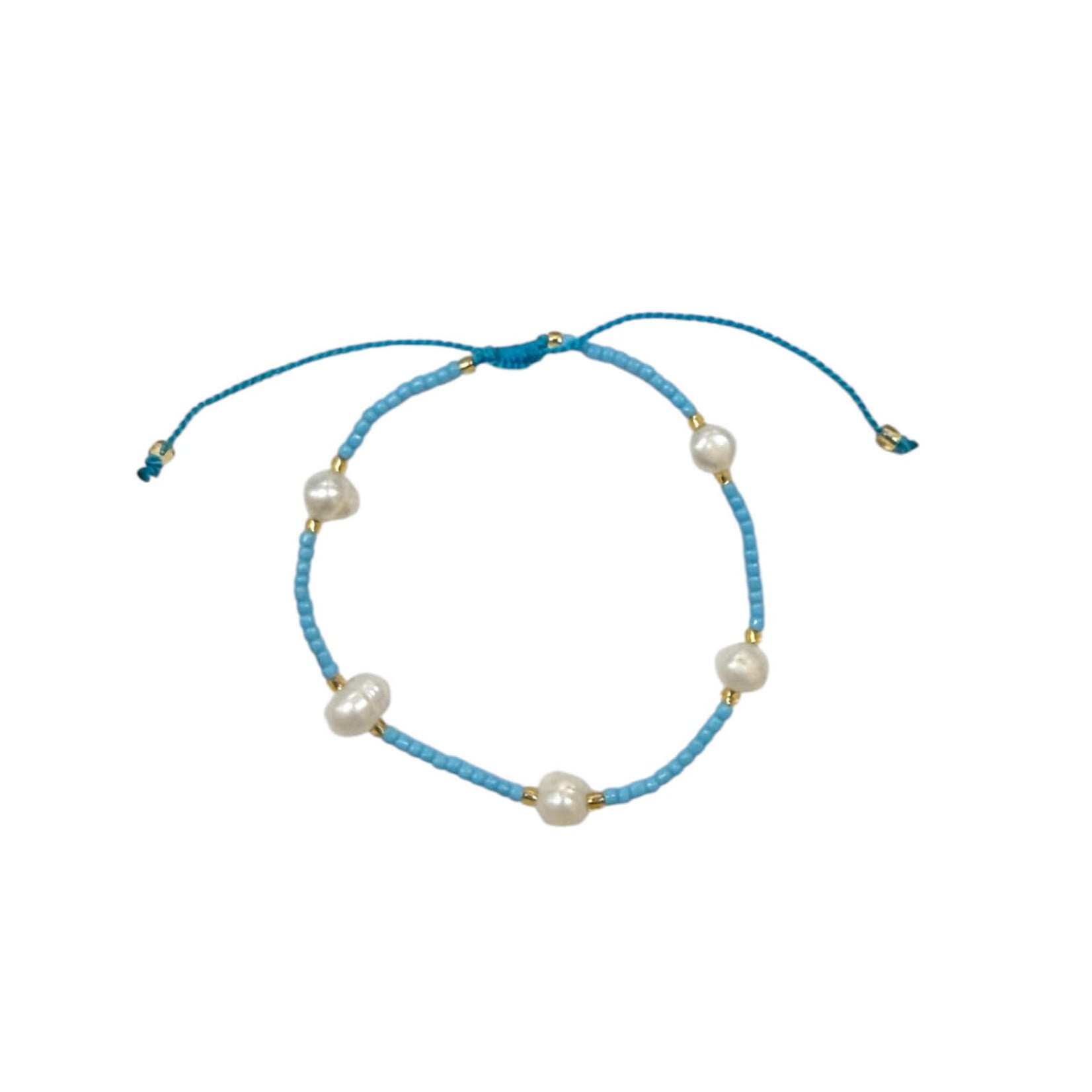 Adjustable String Bracelet with Five 6mm Pearls  Blue