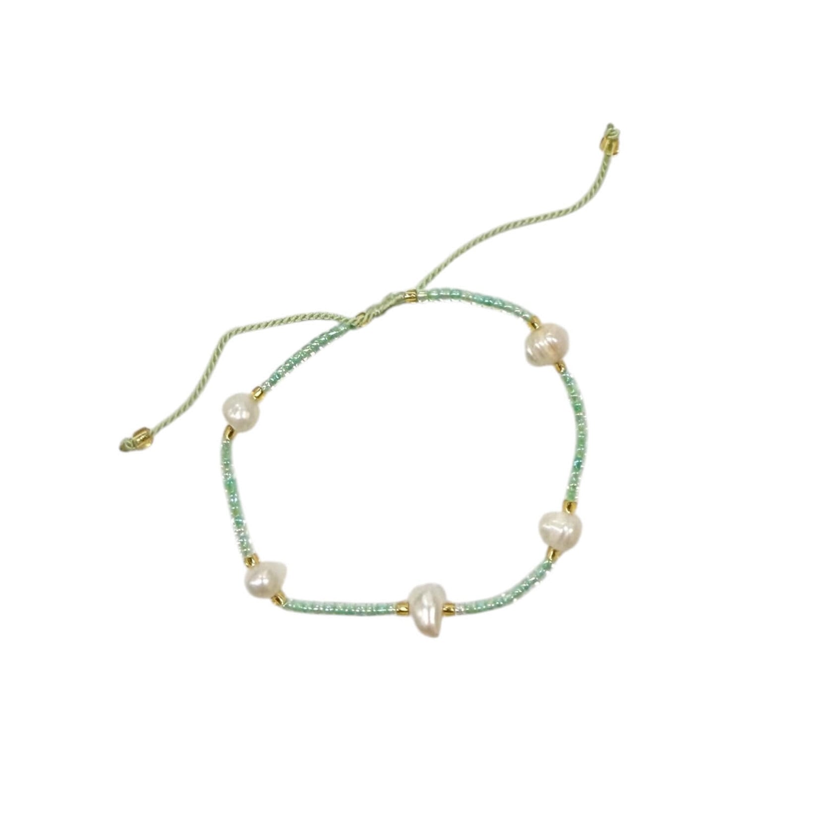 Adjustable String Bracelet with Five 6mm Pearls Green