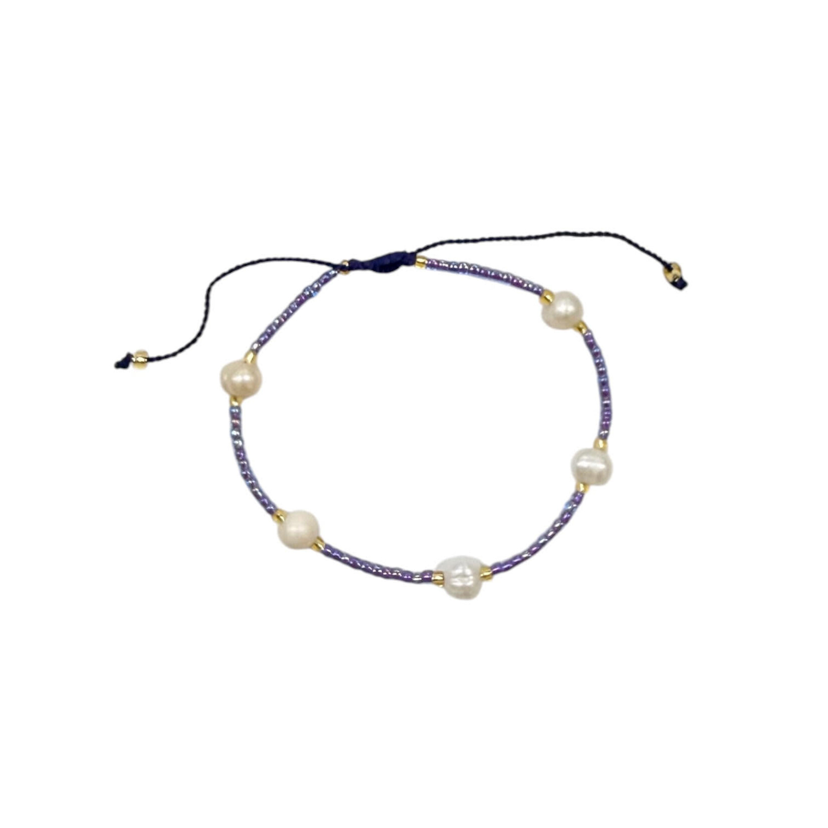 Adjustable String Bracelet with Five 6mm Pearls  Purple