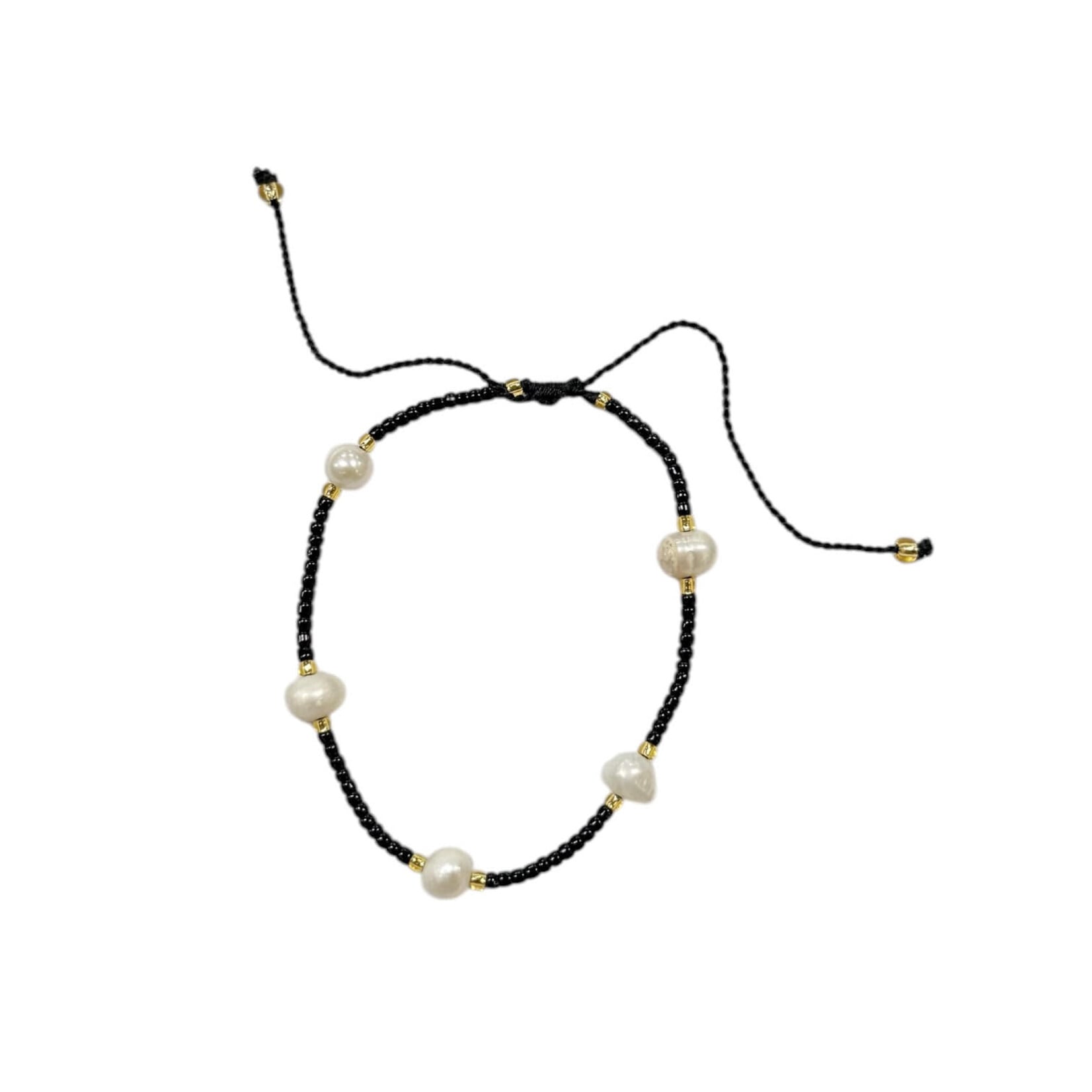 Adjustable String Bracelet with Five 6mm Pearls  Black