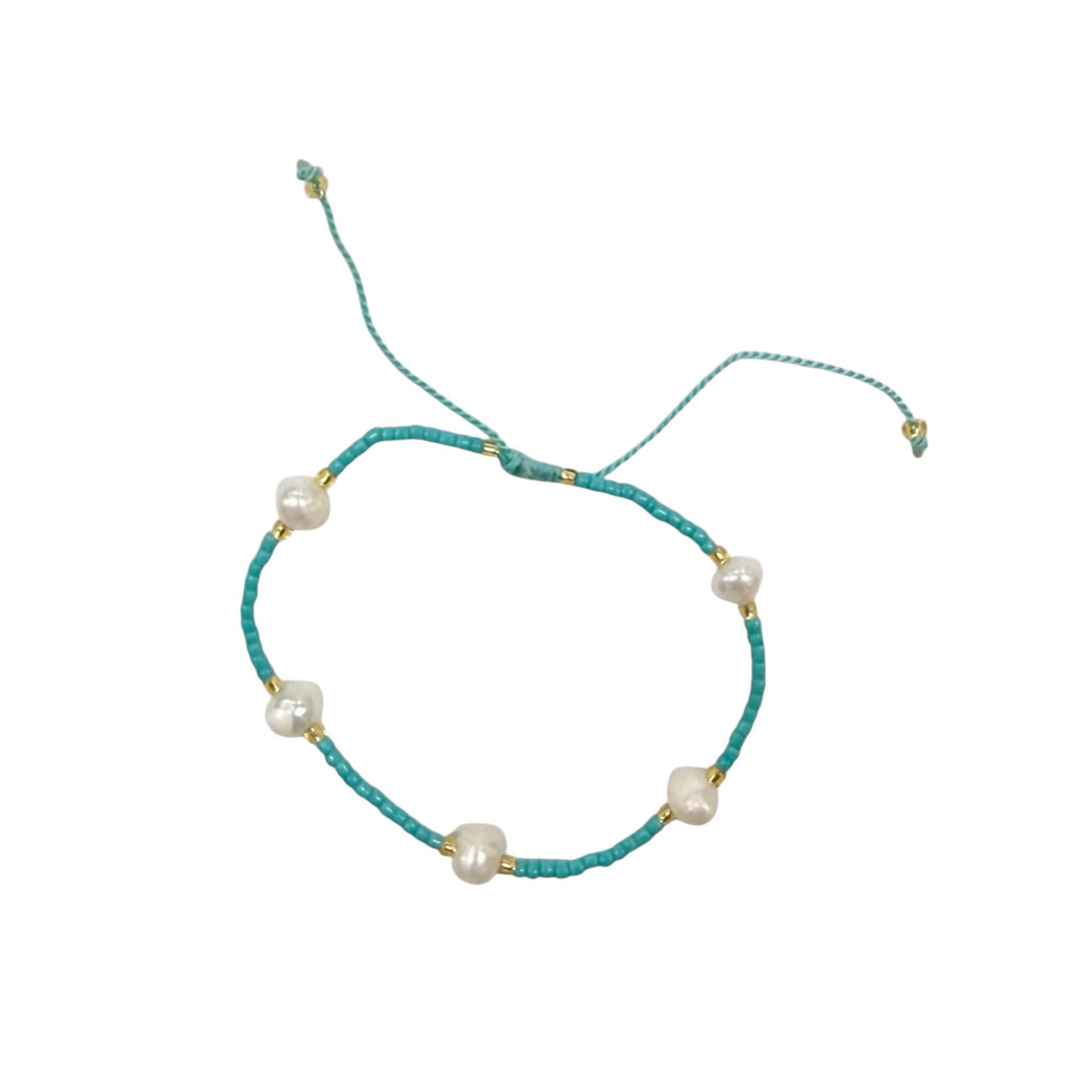 Adjustable String Bracelet with Five 6mm Pearls  Turquoise