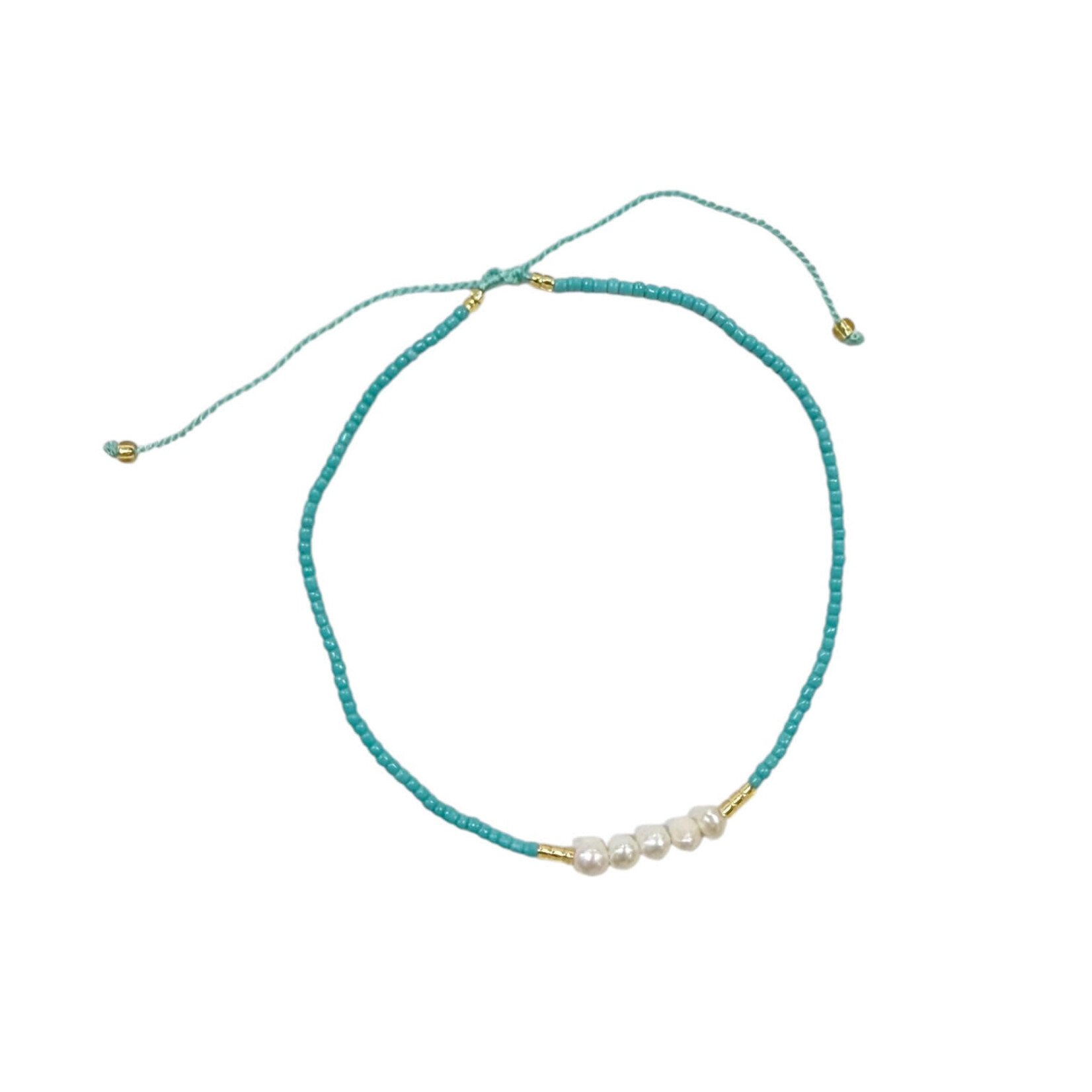 Adjustable String Anklet with Five 5mm Center Pearls Turquoise