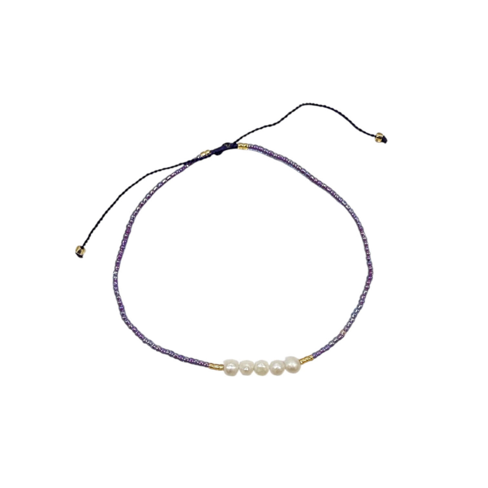 Adjustable String Anklet with Five 5mm Center Pearls Purple