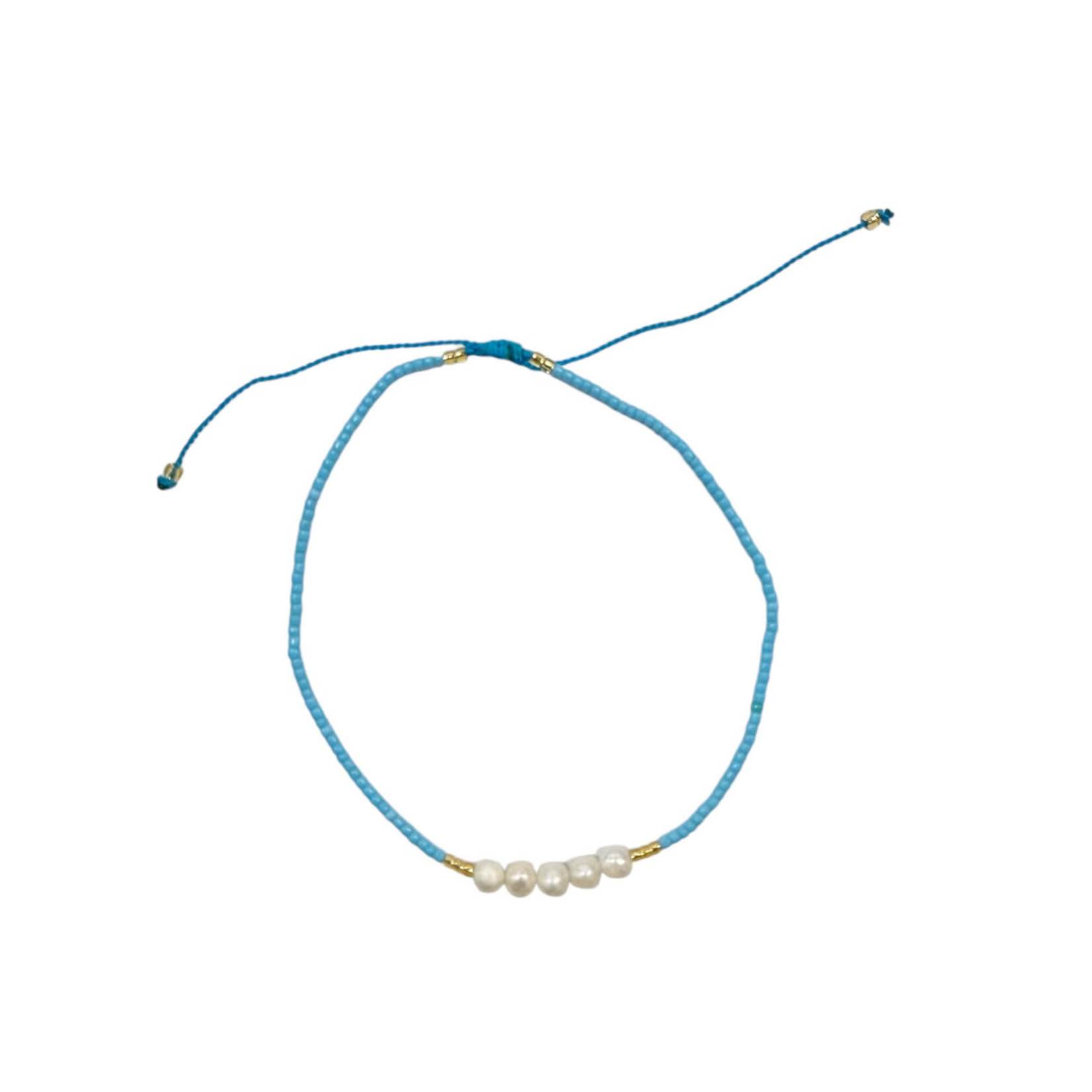 Adjustable String Anklet with Five 5mm Center Pearls Blue