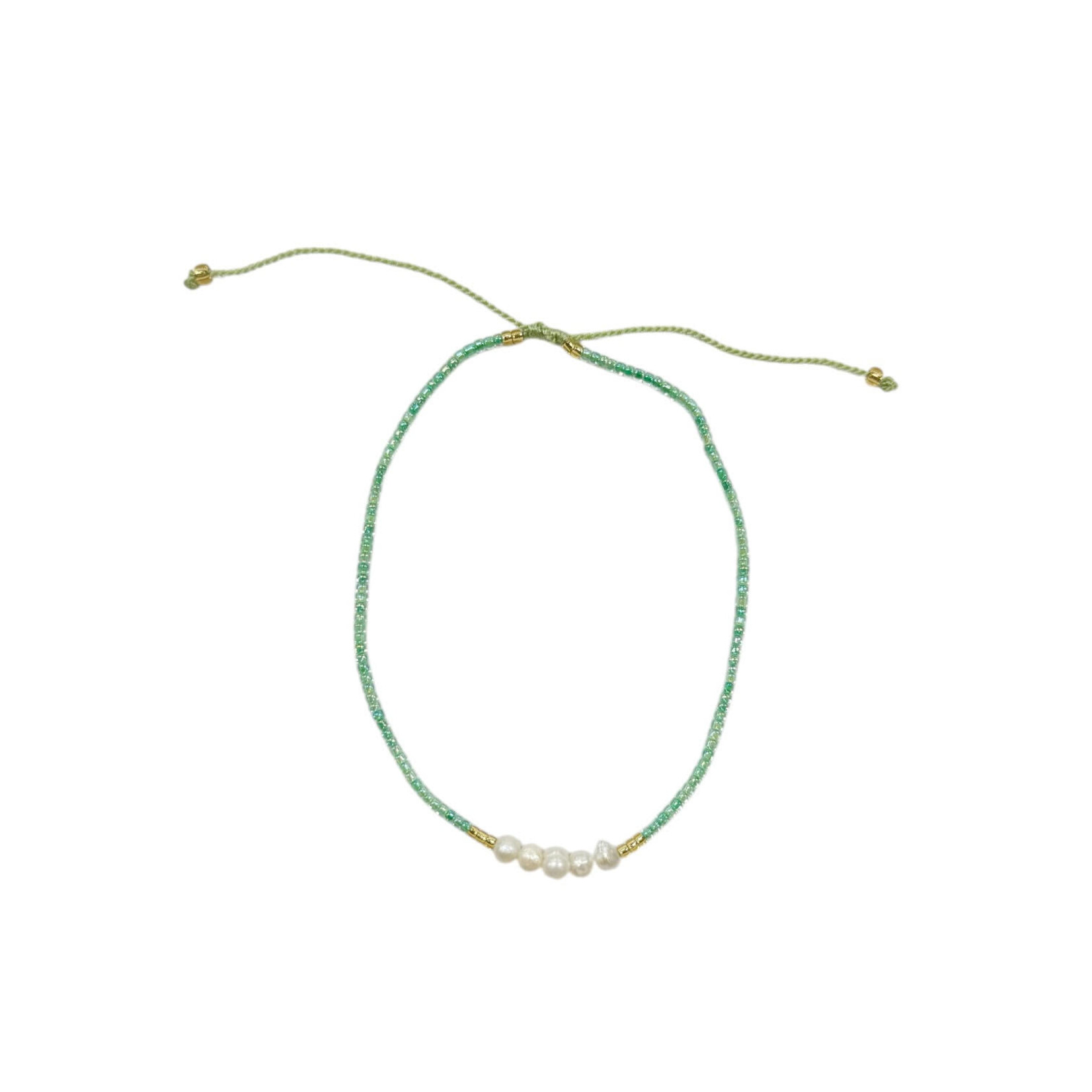 Adjustable String Anklet with Five 5mm Center Pearls Green