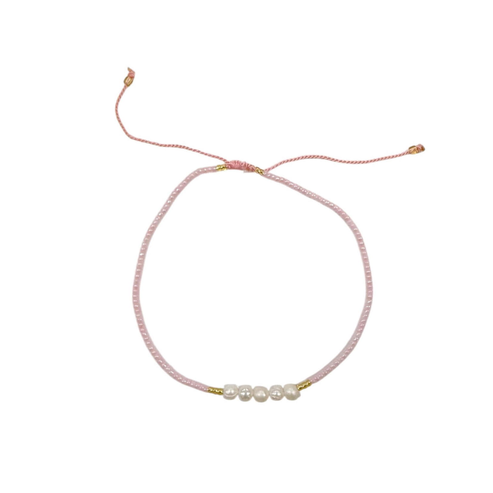 Adjustable String Anklet with Five 5mm Center Pearls Pink