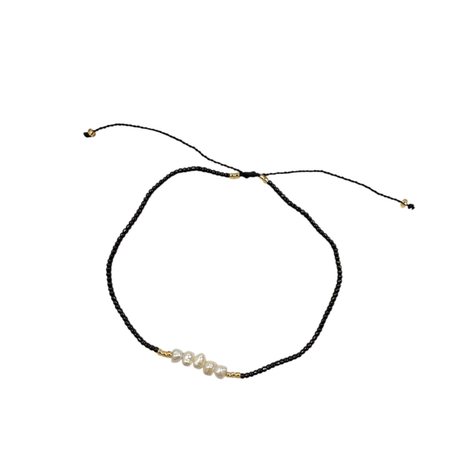 Adjustable String Anklet with Five 5mm Center Pearls Black
