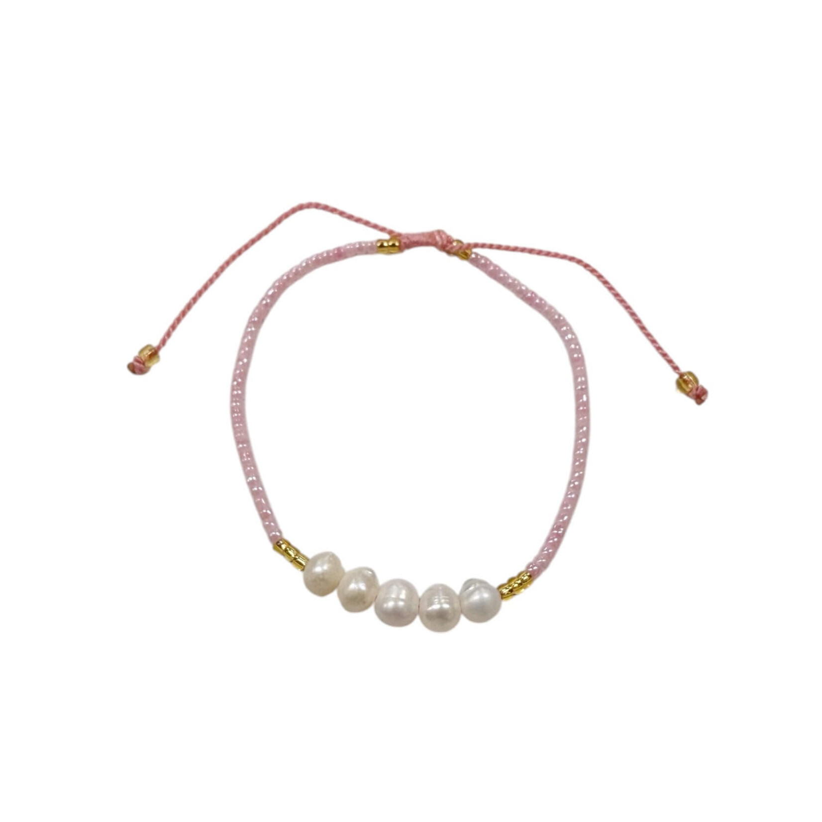 Adjustable String Bracelet with Five 5mm Center Pearls  Pink