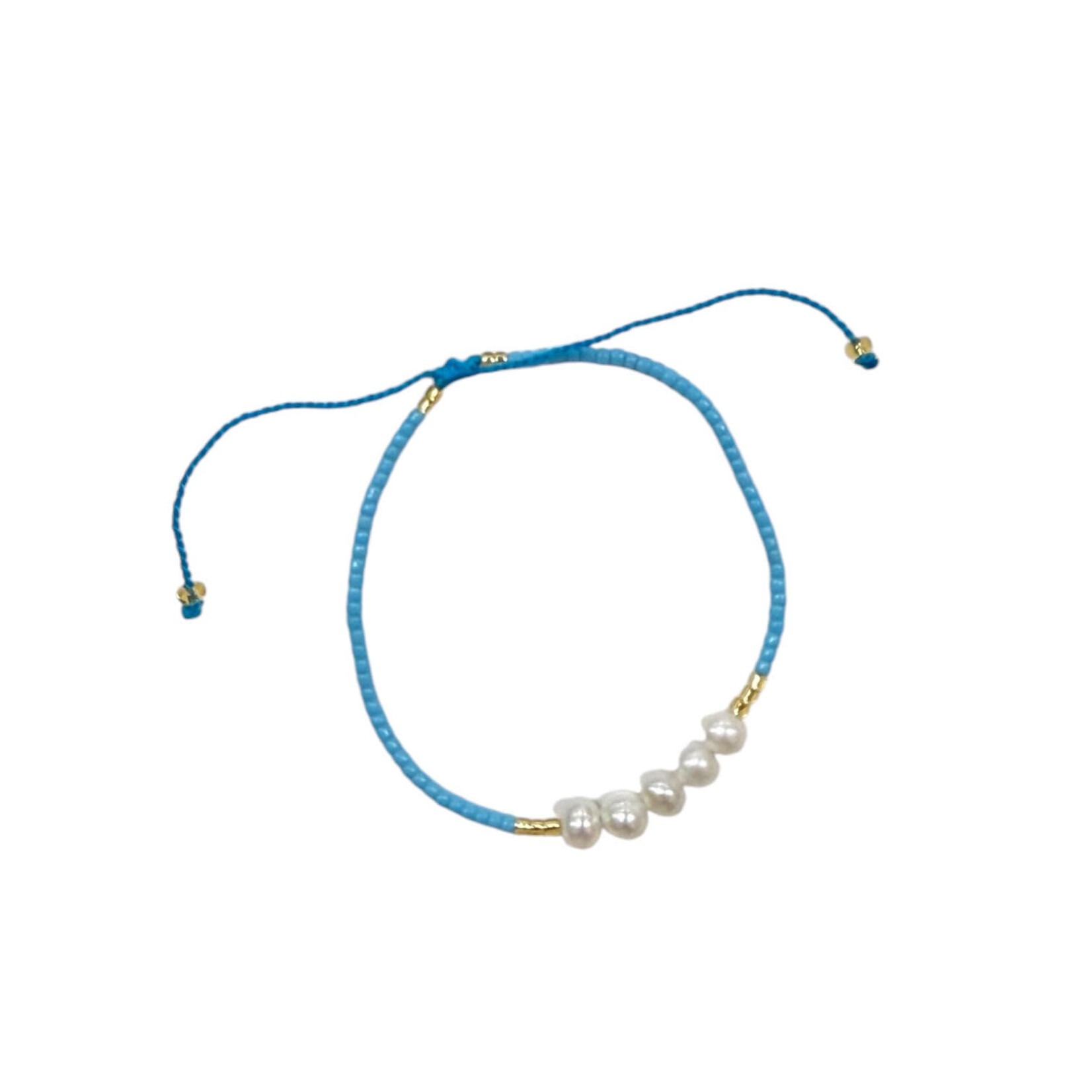 Adjustable String Bracelet with Five 5mm Center Pearls  Blue