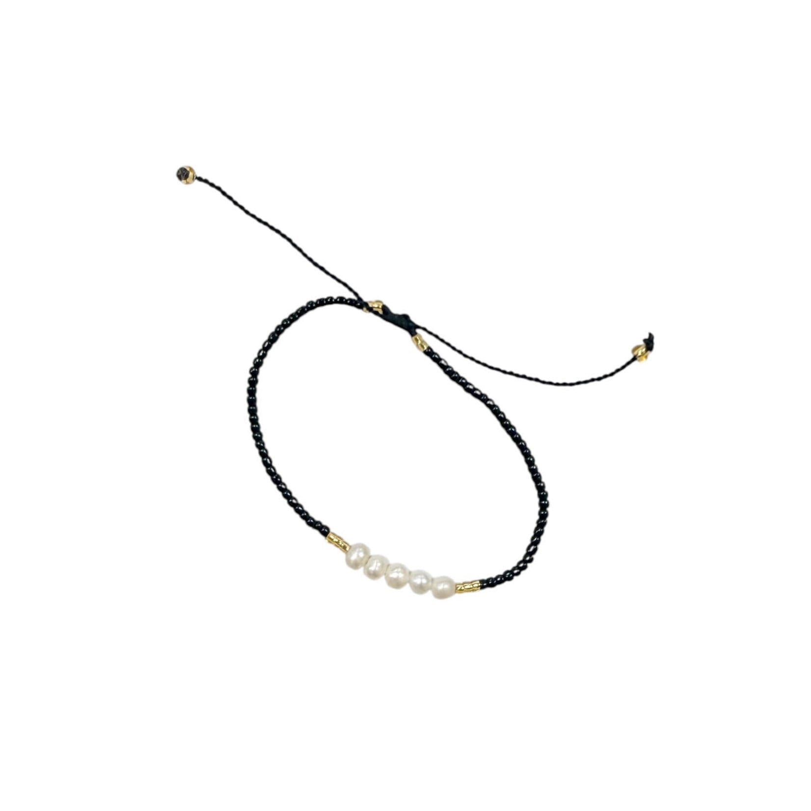 Adjustable String Bracelet with Five 5mm Center Pearls  Black