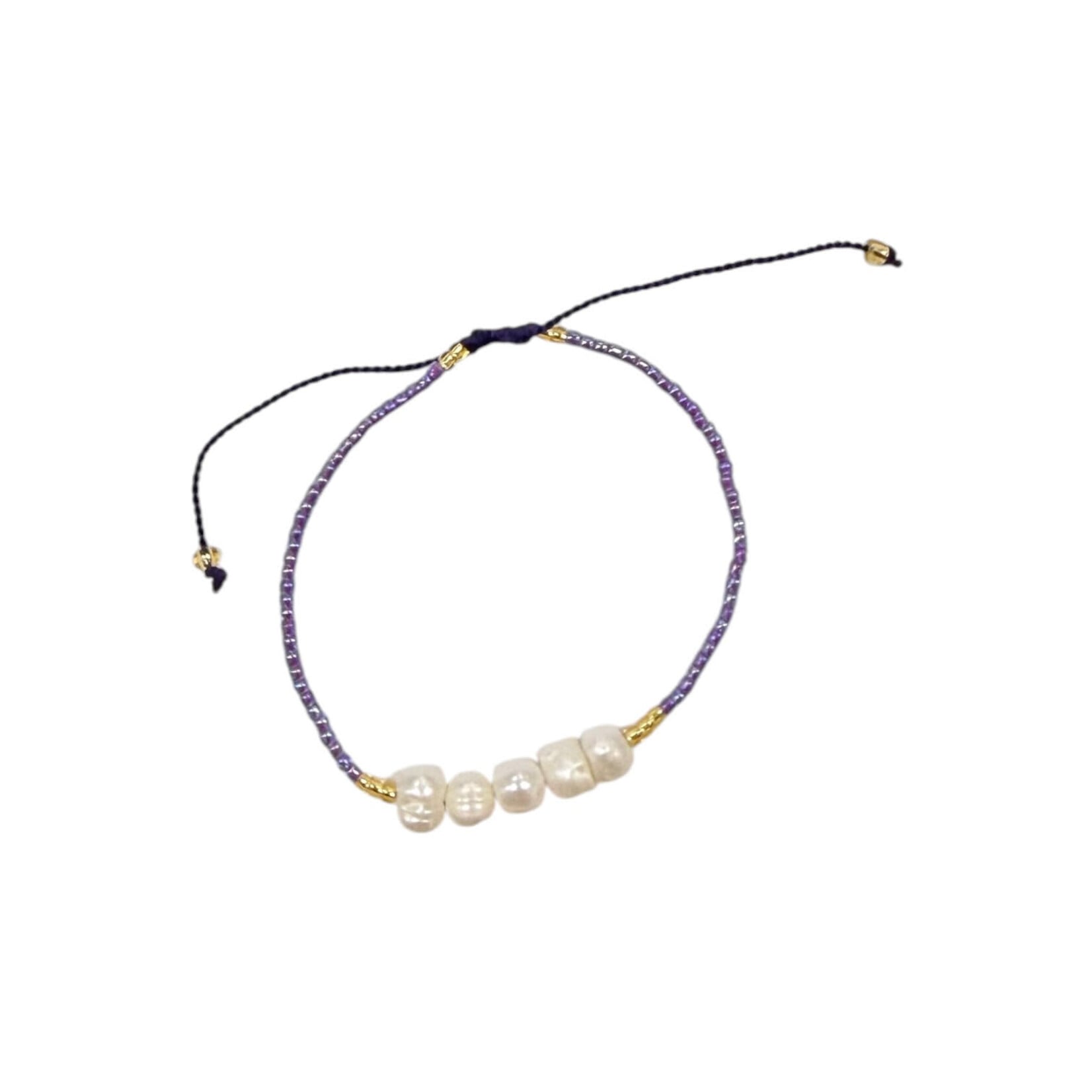 Adjustable String Bracelet with Five 5mm Center Pearls Purple