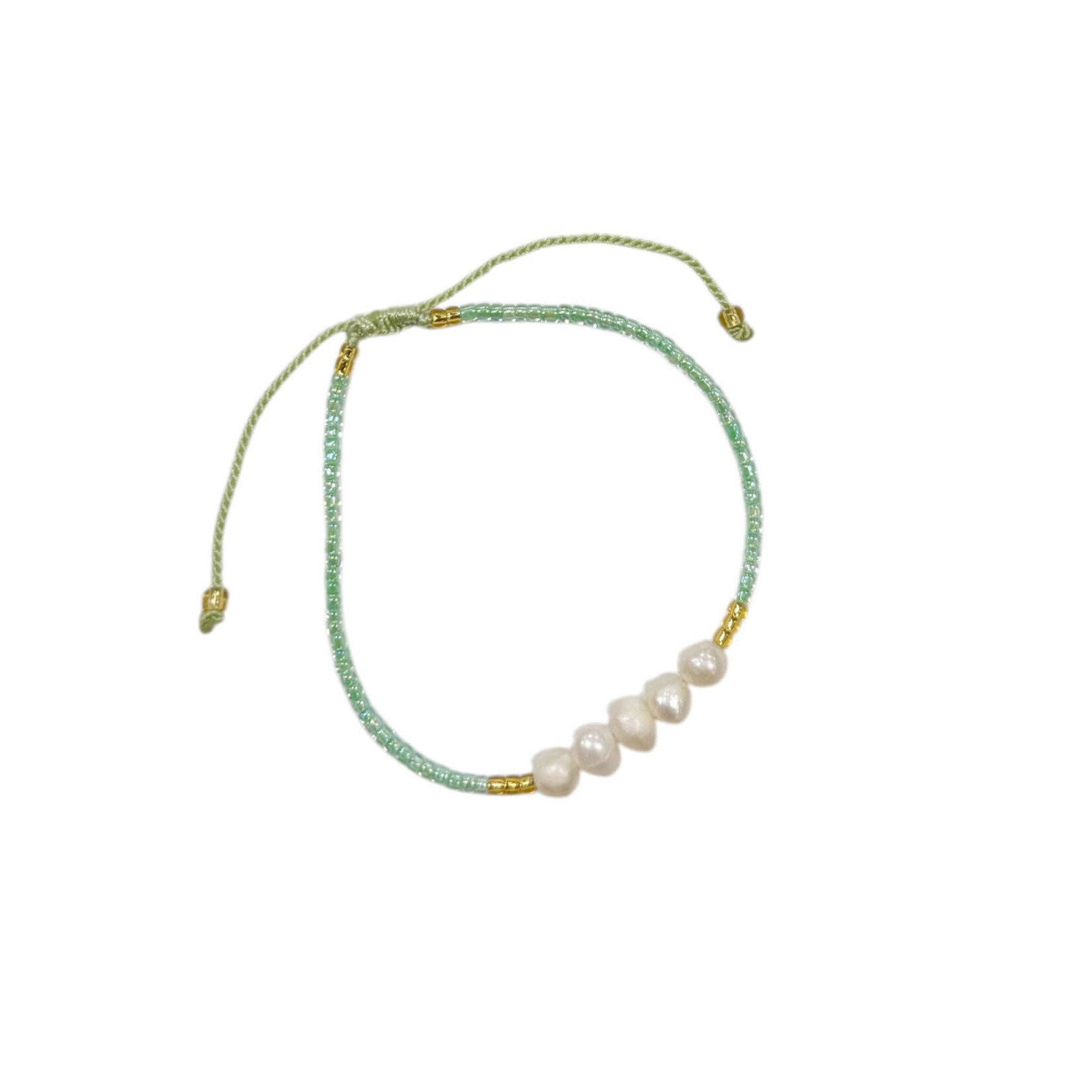Adjustable String Bracelet with Five 5mm Center Pearls Green