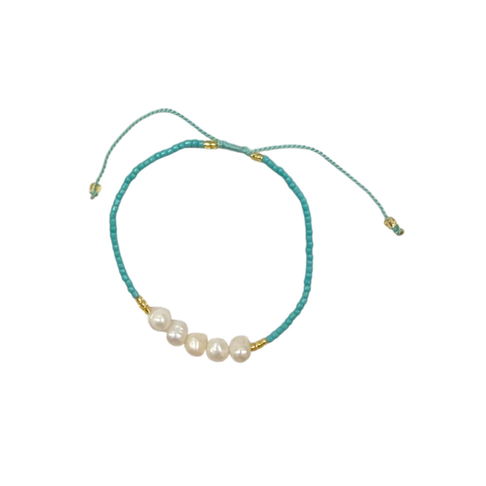 Adjustable String Bracelet with Five 5mm Center Pearls Turquoise