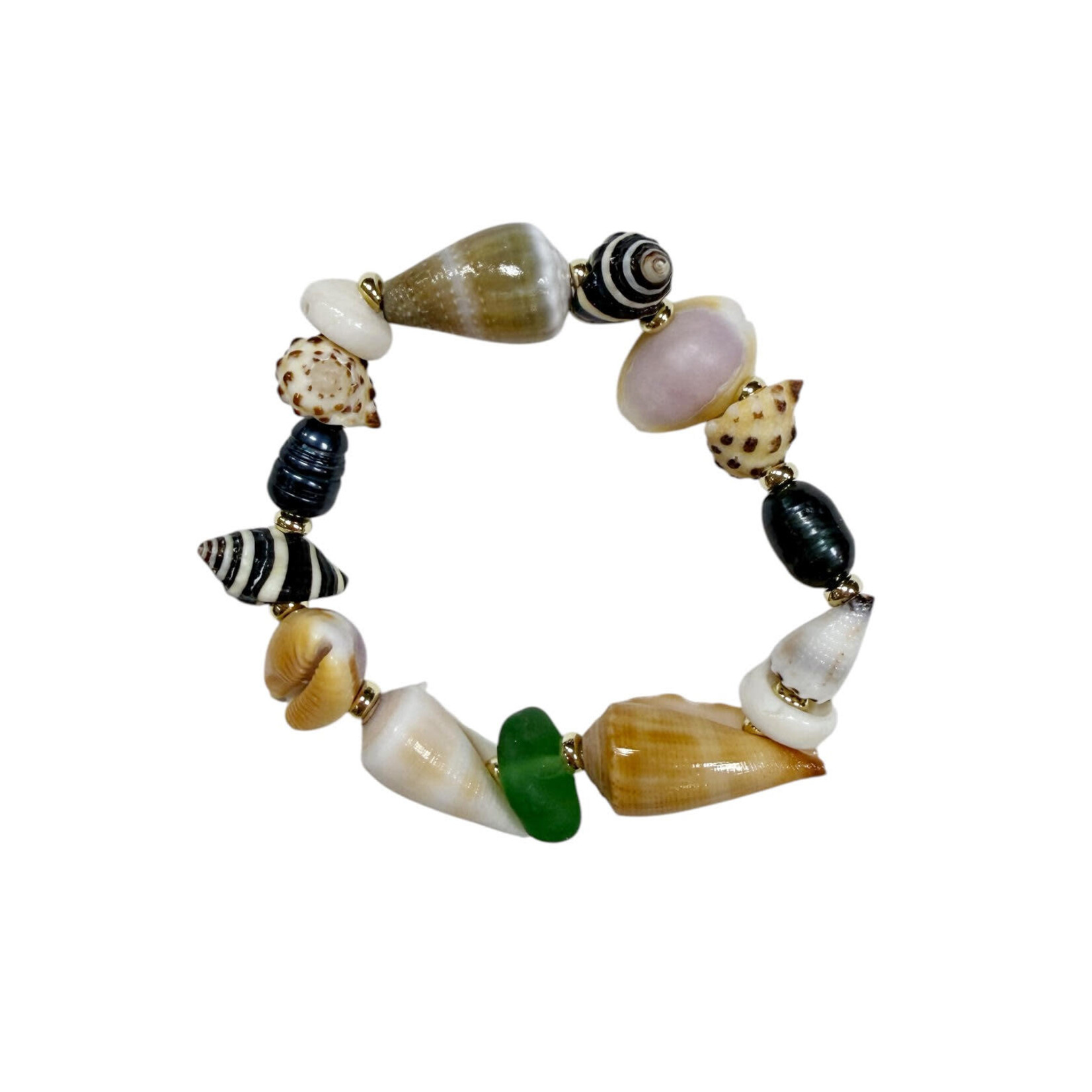 18cm Mixed Shell, Black Pearl, and Green Beach Glass Stretch Bracelet