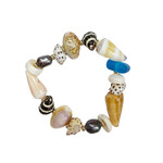 18cm Mixed Shell, Black Pearl, and Dark Blue Beach Glass Stretch Bracelet