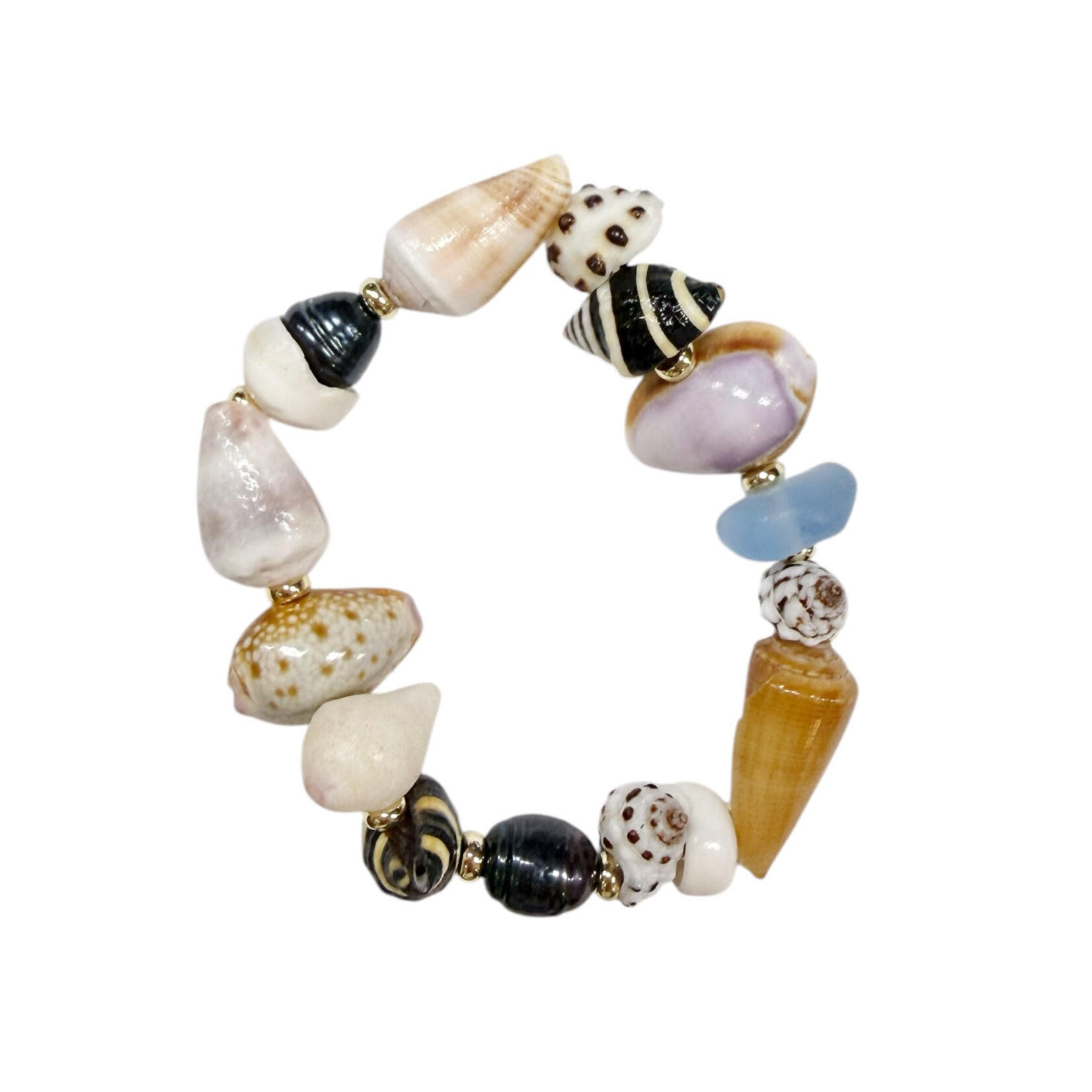 18cm Mixed Shell, Black Pearl, and Light Blue Beach Glass Stretch Bracelet
