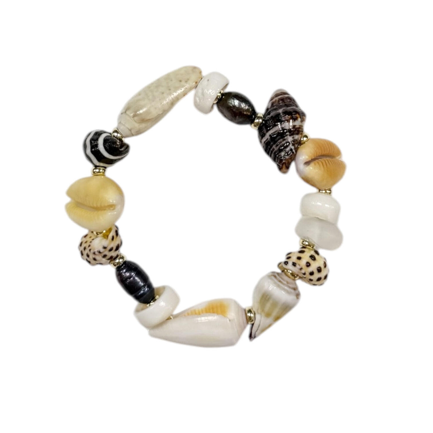 18cm Mixed Shell, Black Pearl, and White Beach Glass Stretch Bracelet
