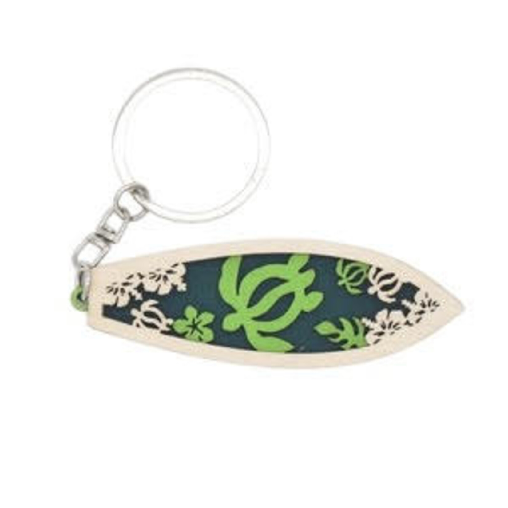 Surfboard Wood Cutout Keychain Green Turtle Design
