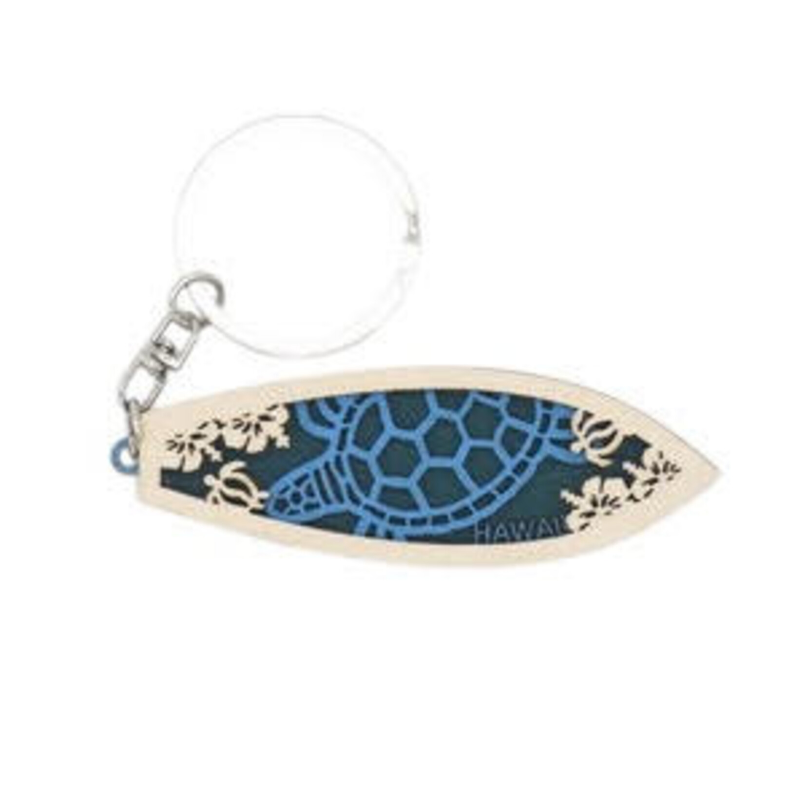 Surfboard Wood Cutout Keychain Blue Turtle  Design