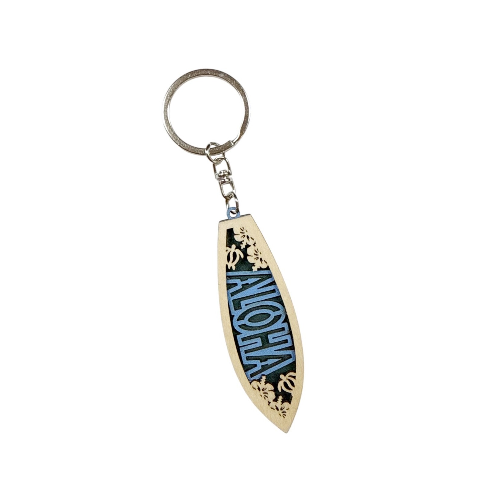 Surfboard Wood Cutout Keychain Aloha Design