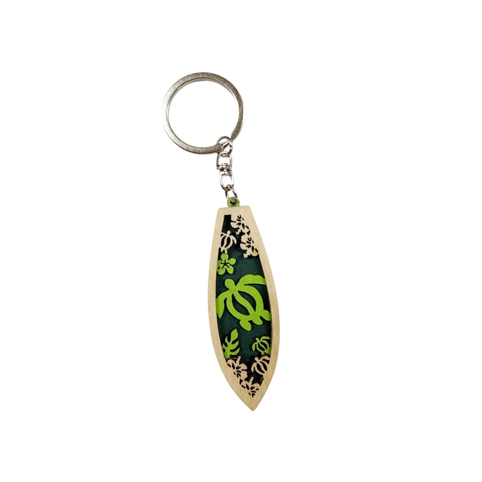 Surfboard Wood Cutout Keychain Green Turtle Design