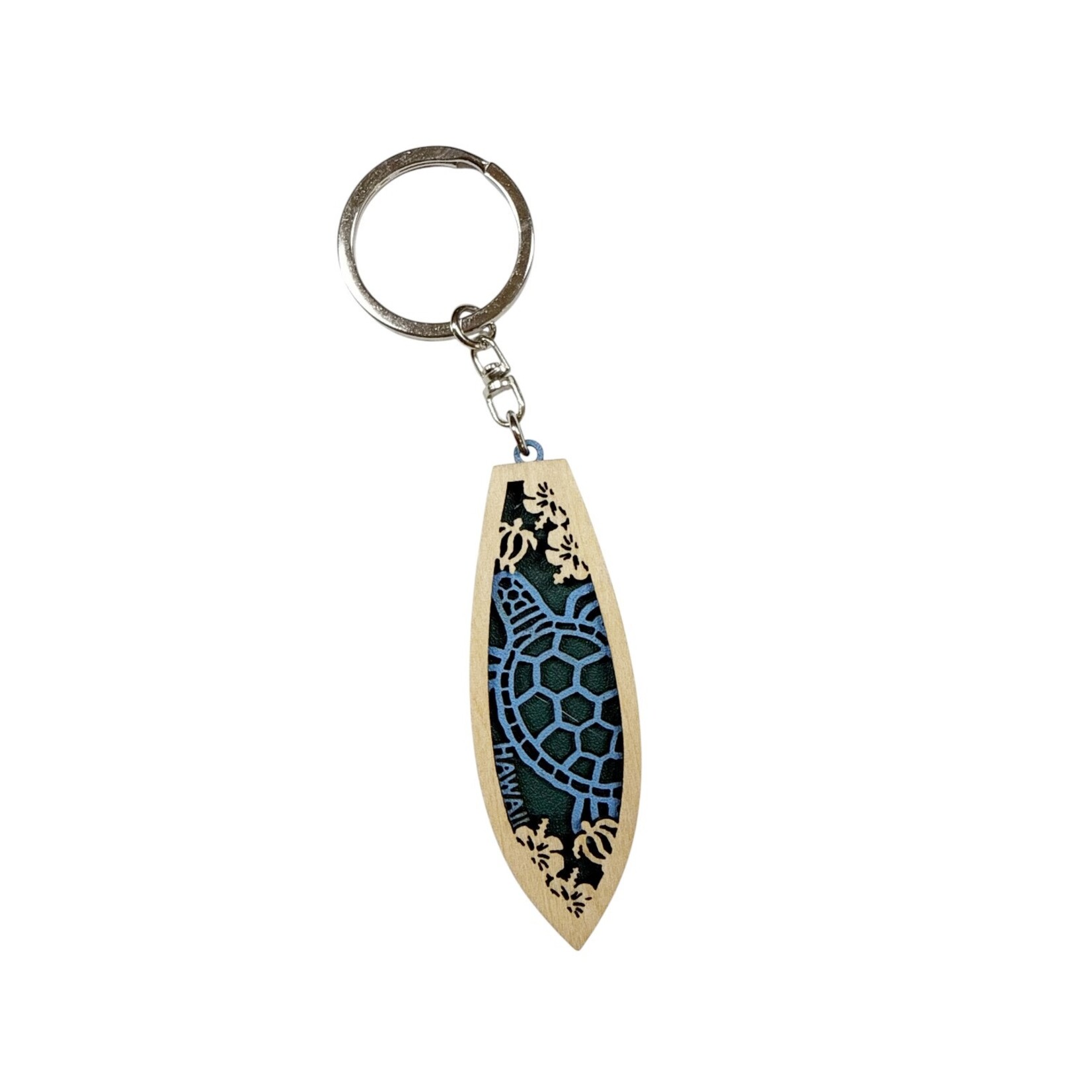 Surfboard Wood Cutout Keychain Blue Turtle  Design