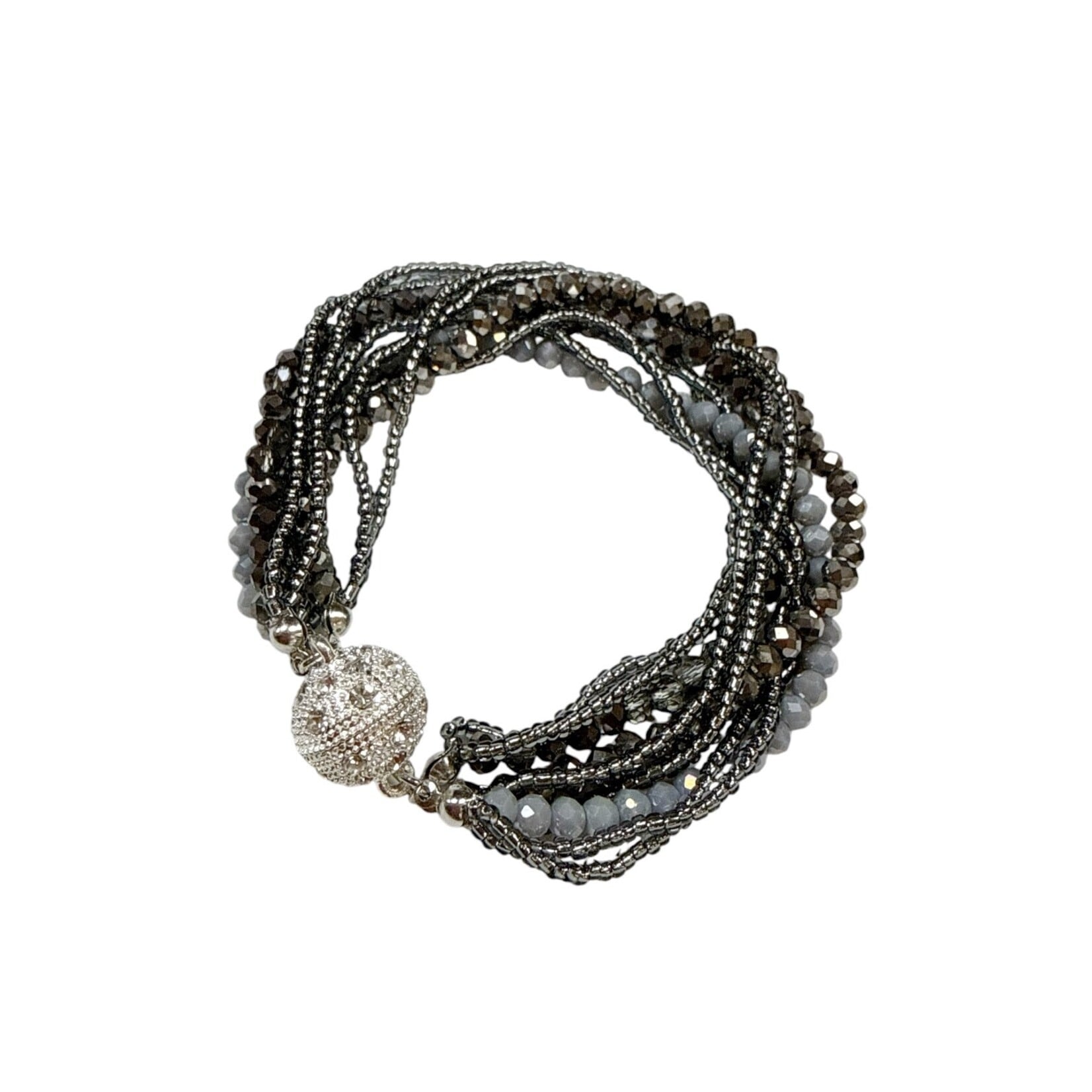 Glass and Faceted Bead Bracelet with Magnetic Ball Clasp Dark Silver