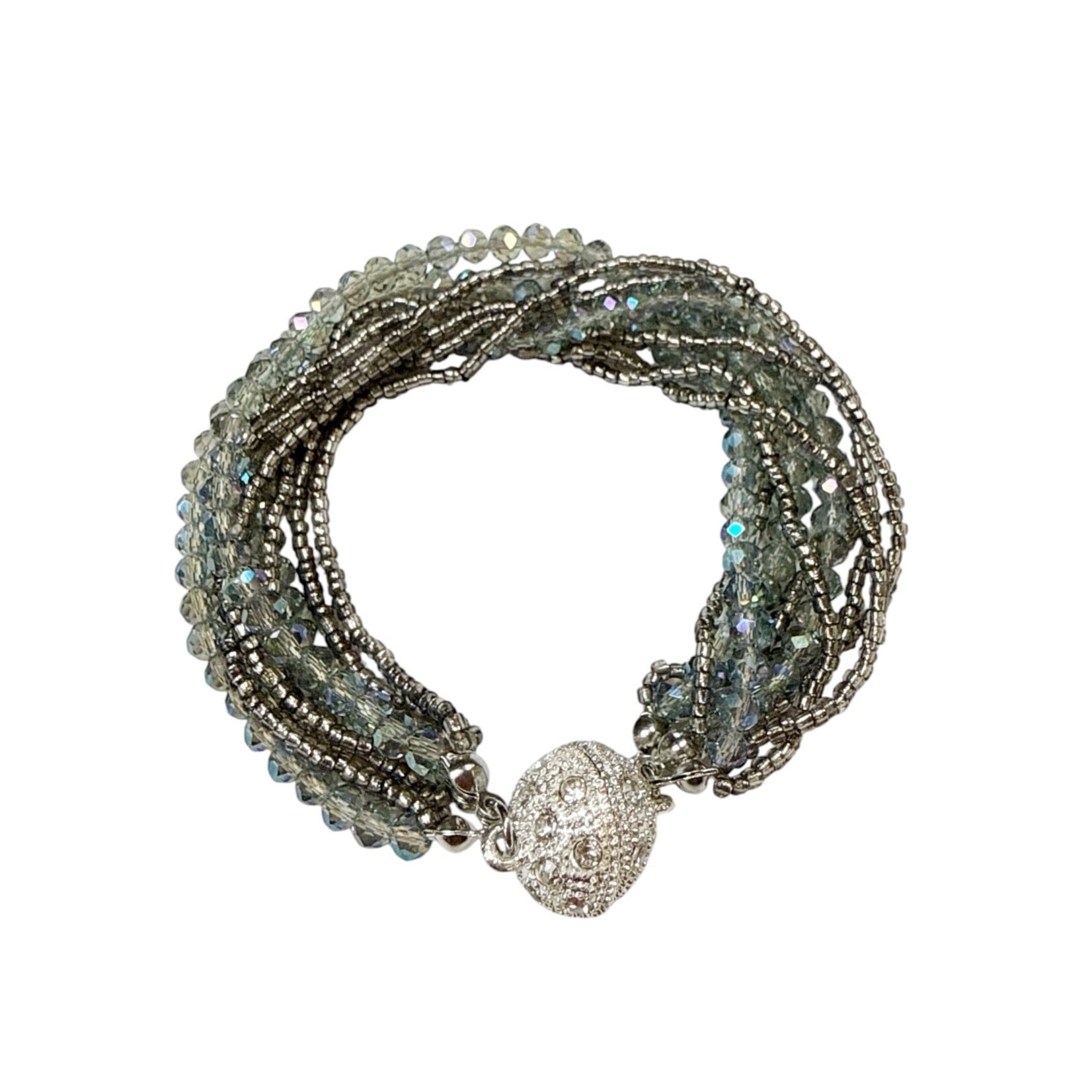 Glass and Faceted Bead Bracelet with Magnetic Ball Clasp Light Silver