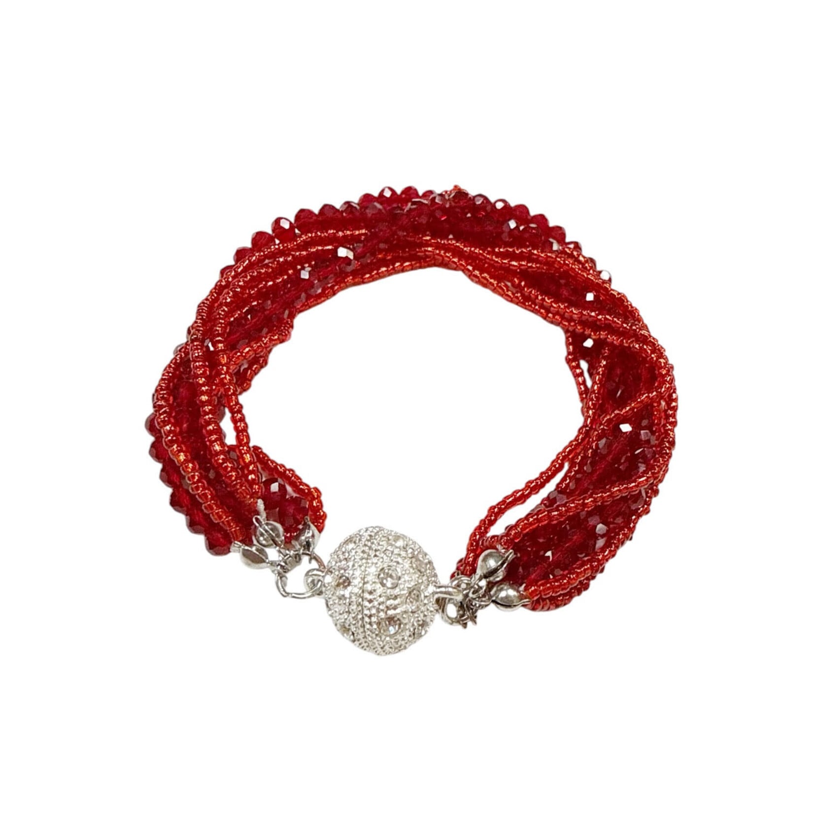 Glass and Faceted Bead Bracelet with Magnetic Ball Clasp Crimson