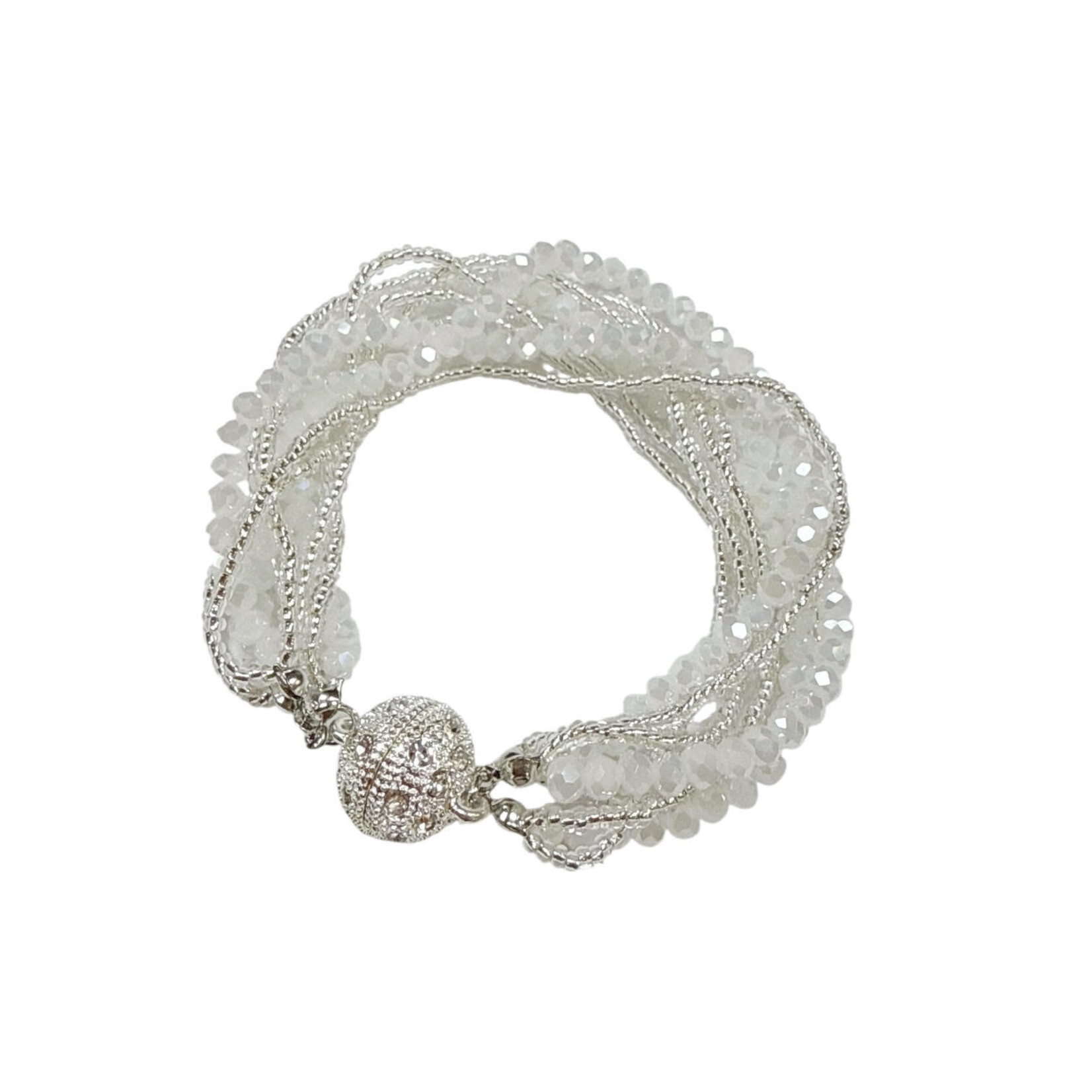 Glass and Faceted Bead Bracelet with Magnetic Ball Clasp White