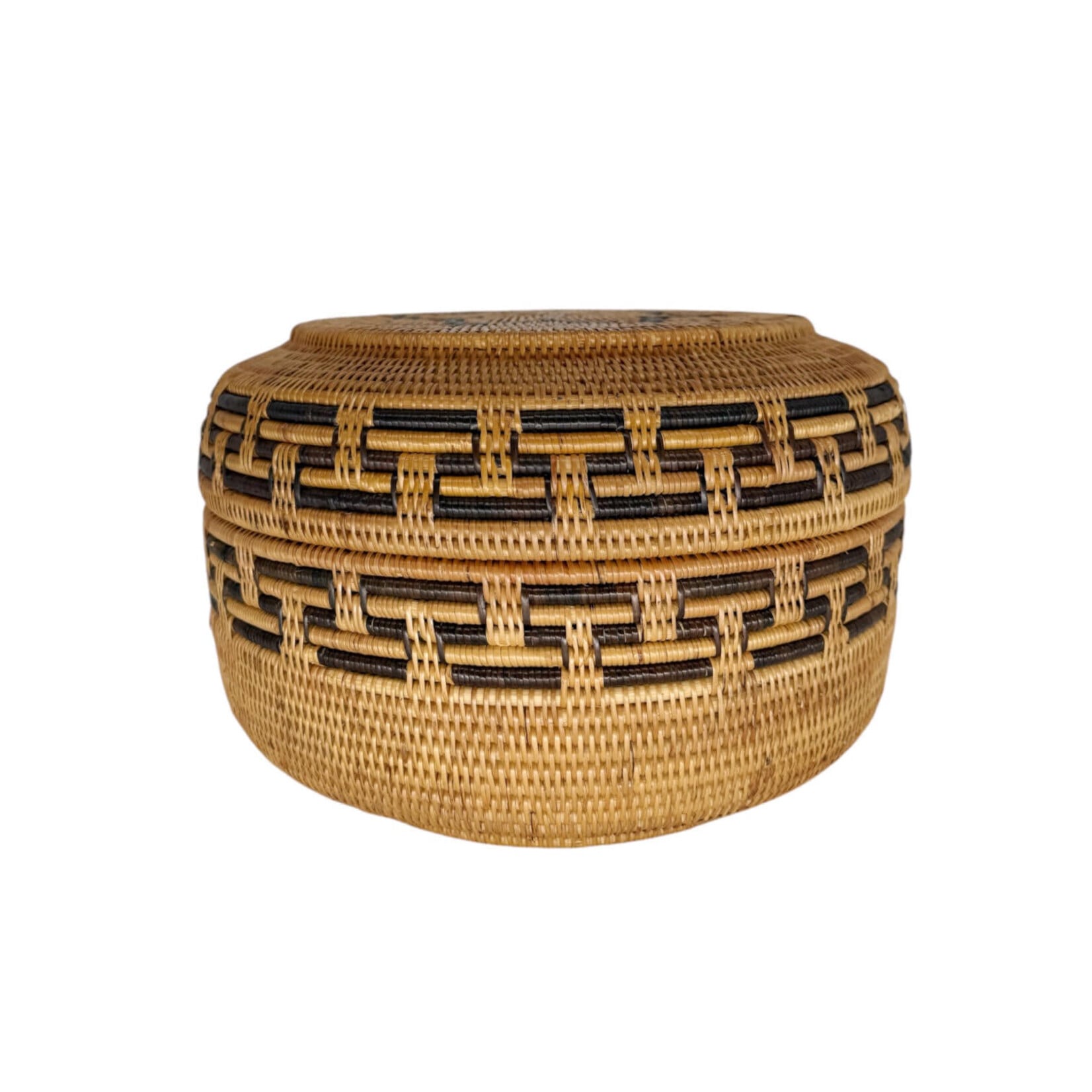 Hand Woven Ata Basket #152 Large Round Patterned Box with Lid