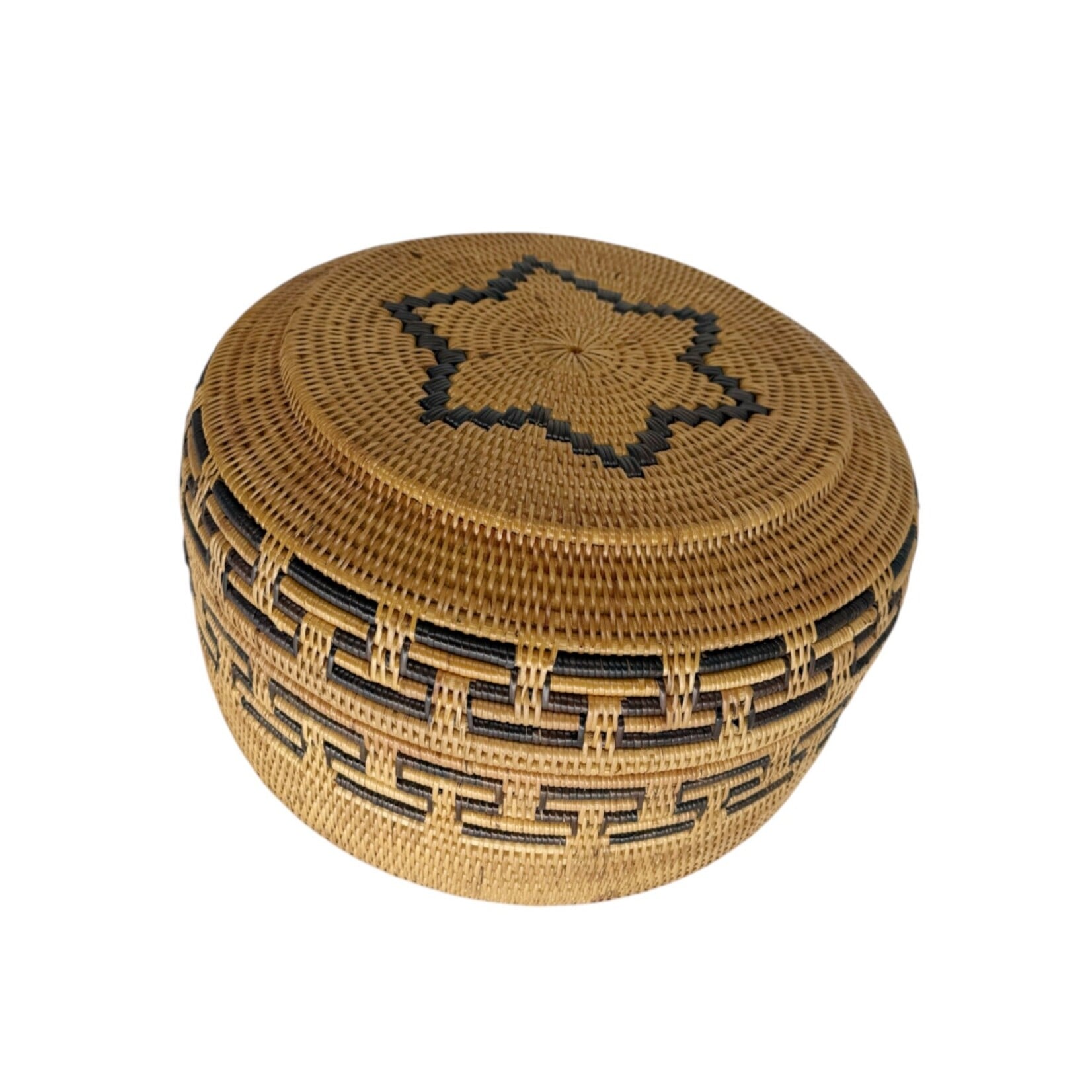 Hand Woven Ata Basket #152 Large Round Patterned Box with Lid