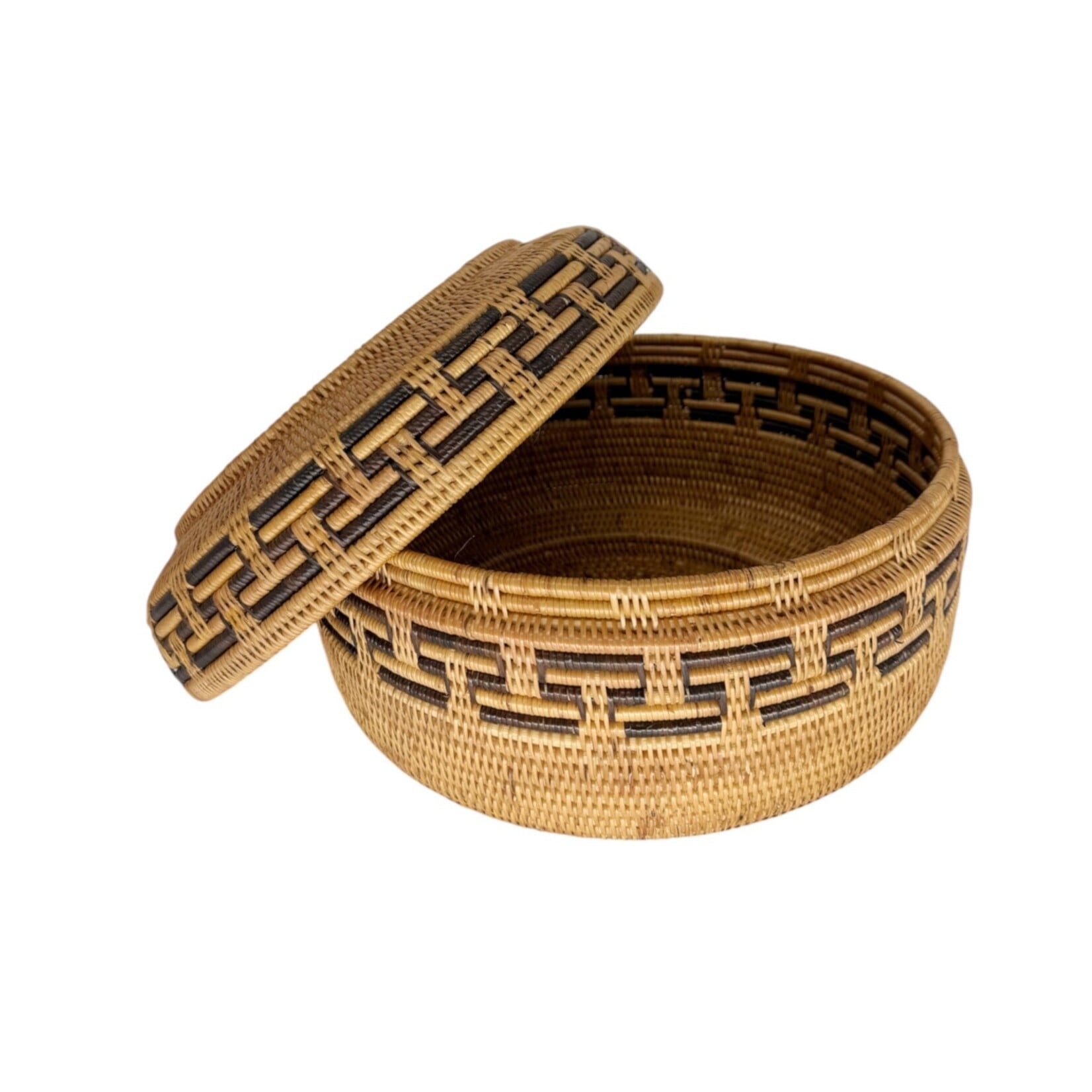 Hand Woven Ata Basket #152 Large Round Patterned Box with Lid