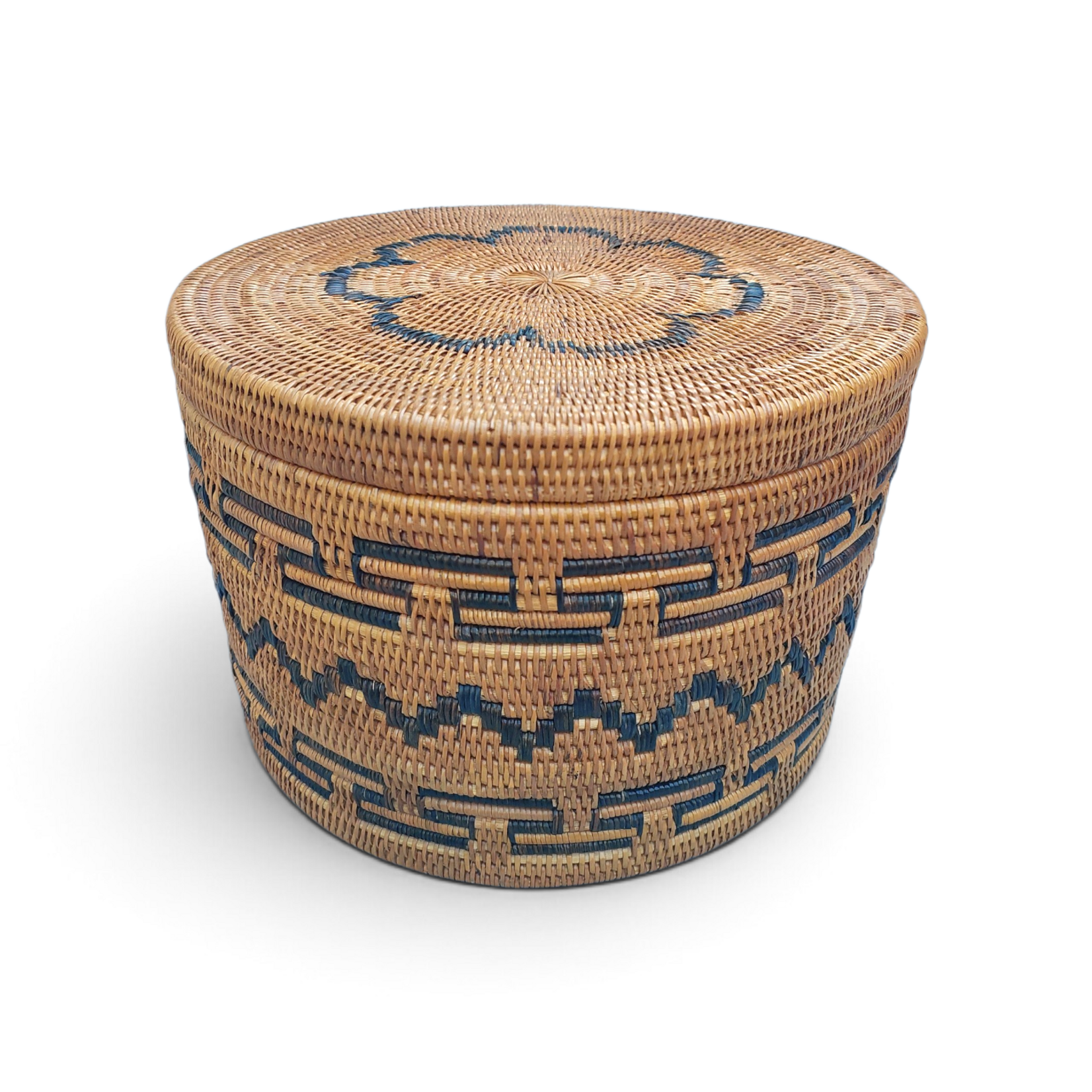 Hand Woven Ata Basket #155 Round Patterned Box with Lid